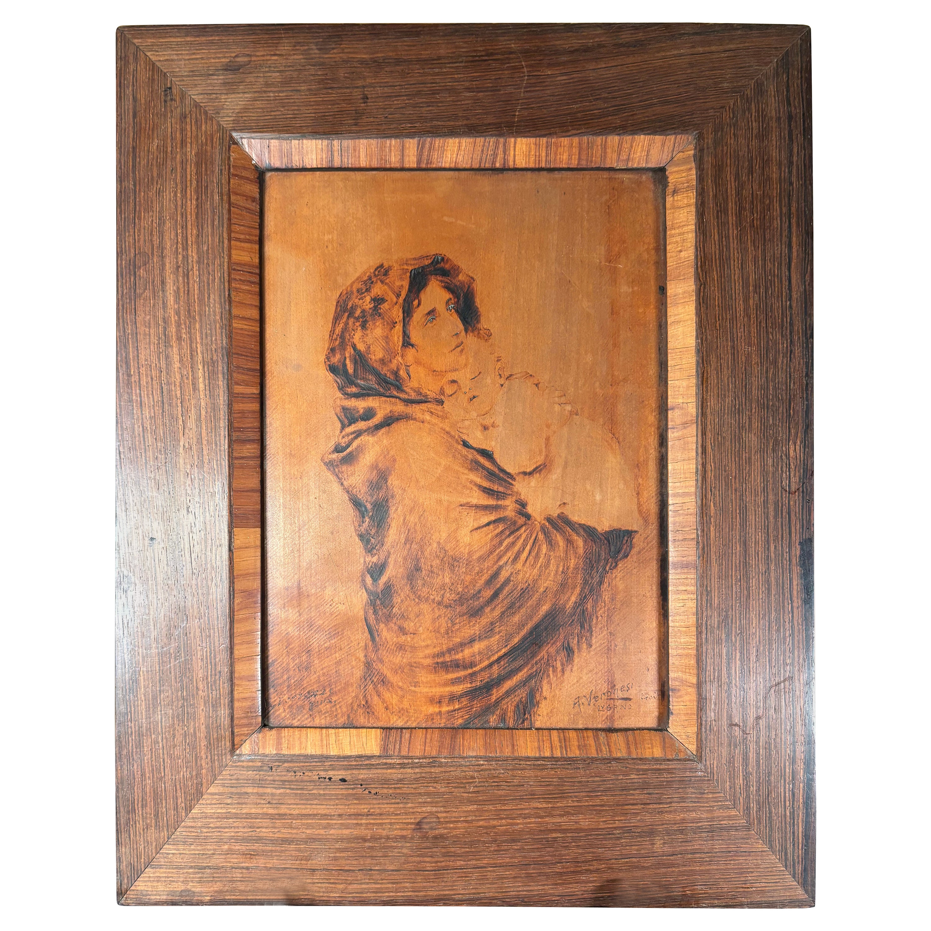 Arts And Crafts Antique Pyrography Mother And Child Portrait  Signed Veronesi For Sale