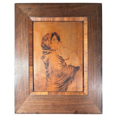 Arts And Crafts Antique Pyrography Mother And Child Portrait  Signed Veronesi