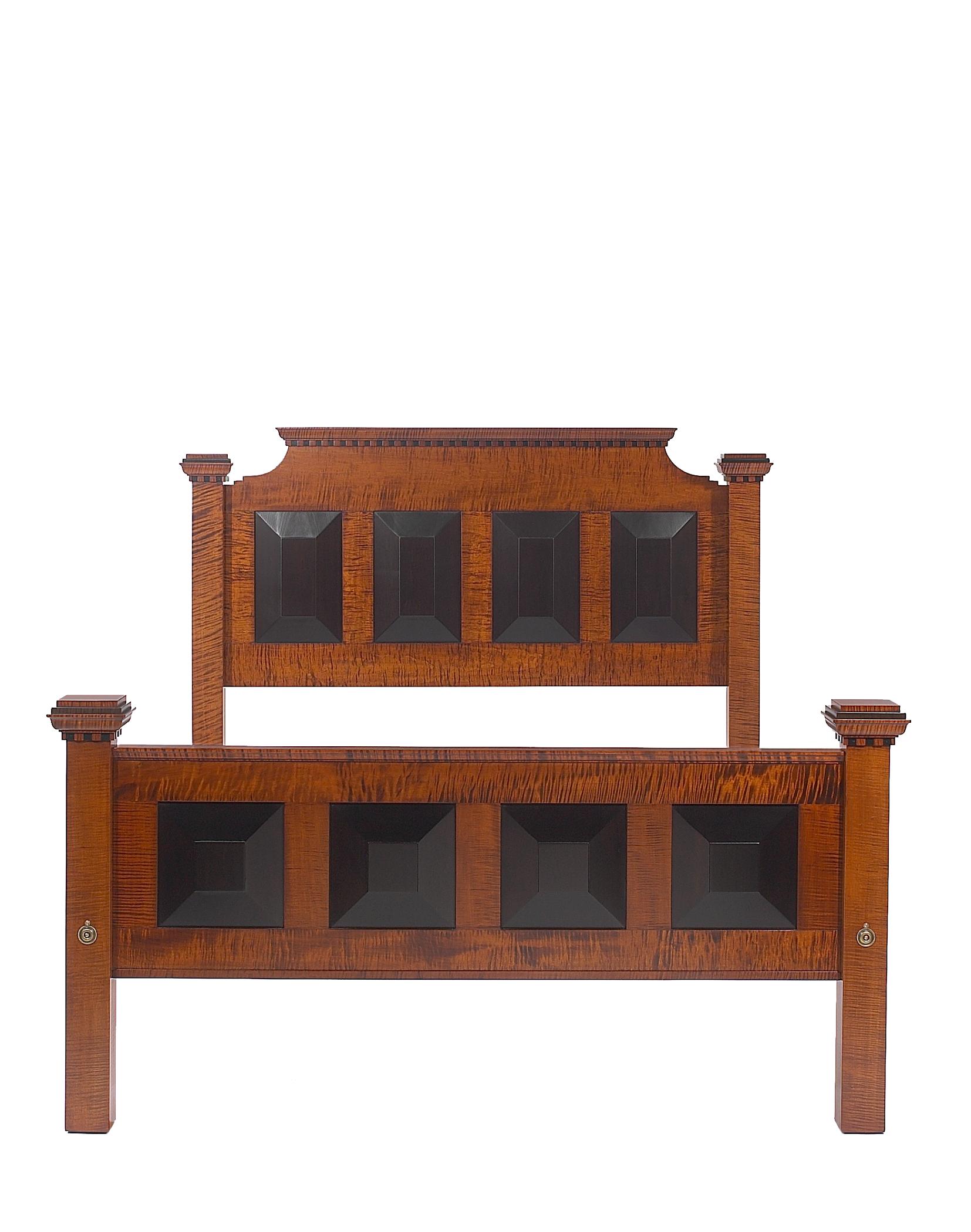 The Michigan Ave is in the style of Arts & Crafts with dentil molding and a beveled headboard combining to make a bed with a strong graphic presence. Tiger maple and ebonized panels give this bed its quintessential American look. Available in all