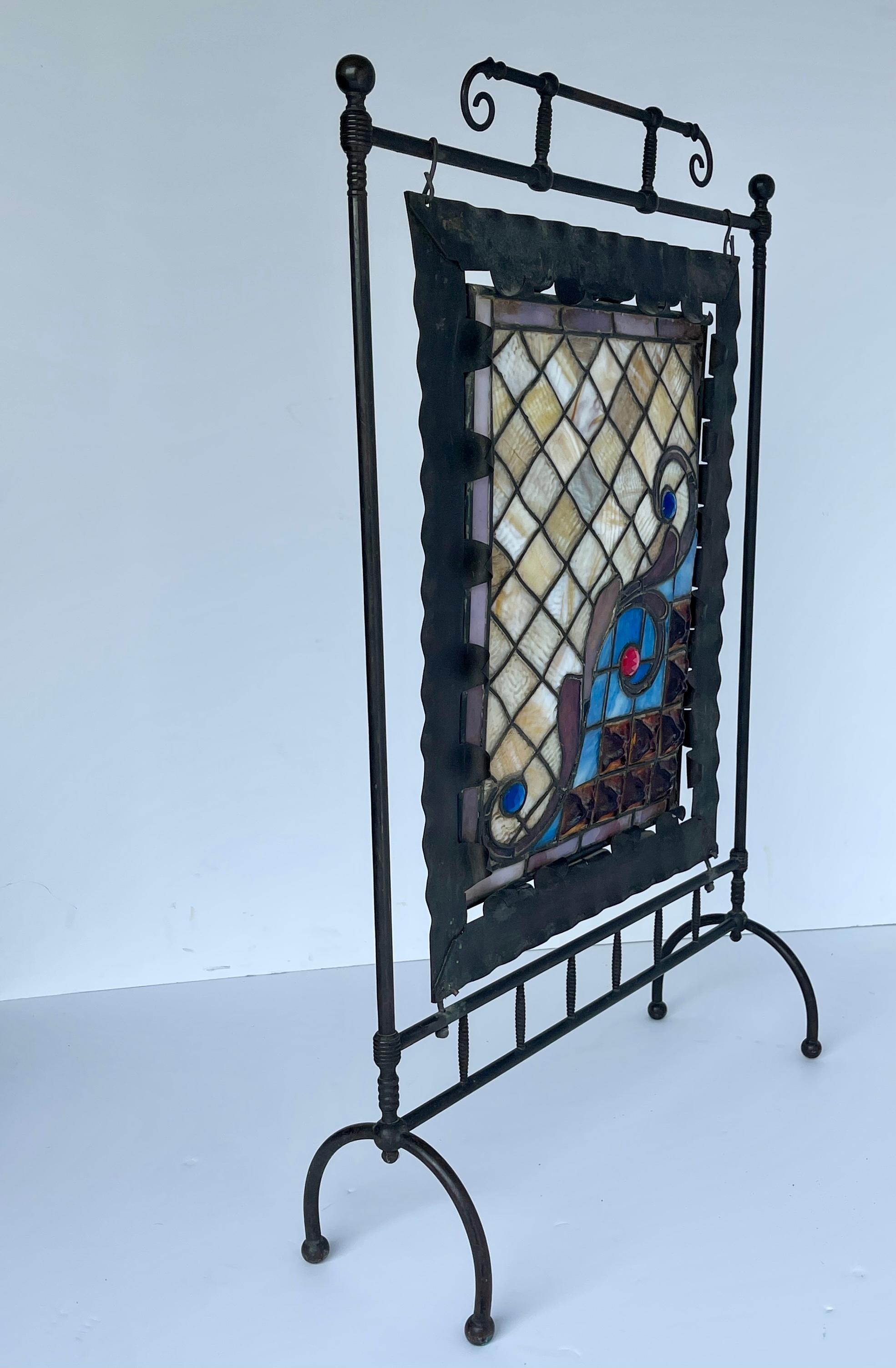 Arts & Crafts Black Iron and Stained Glass Fireplace Screen 4