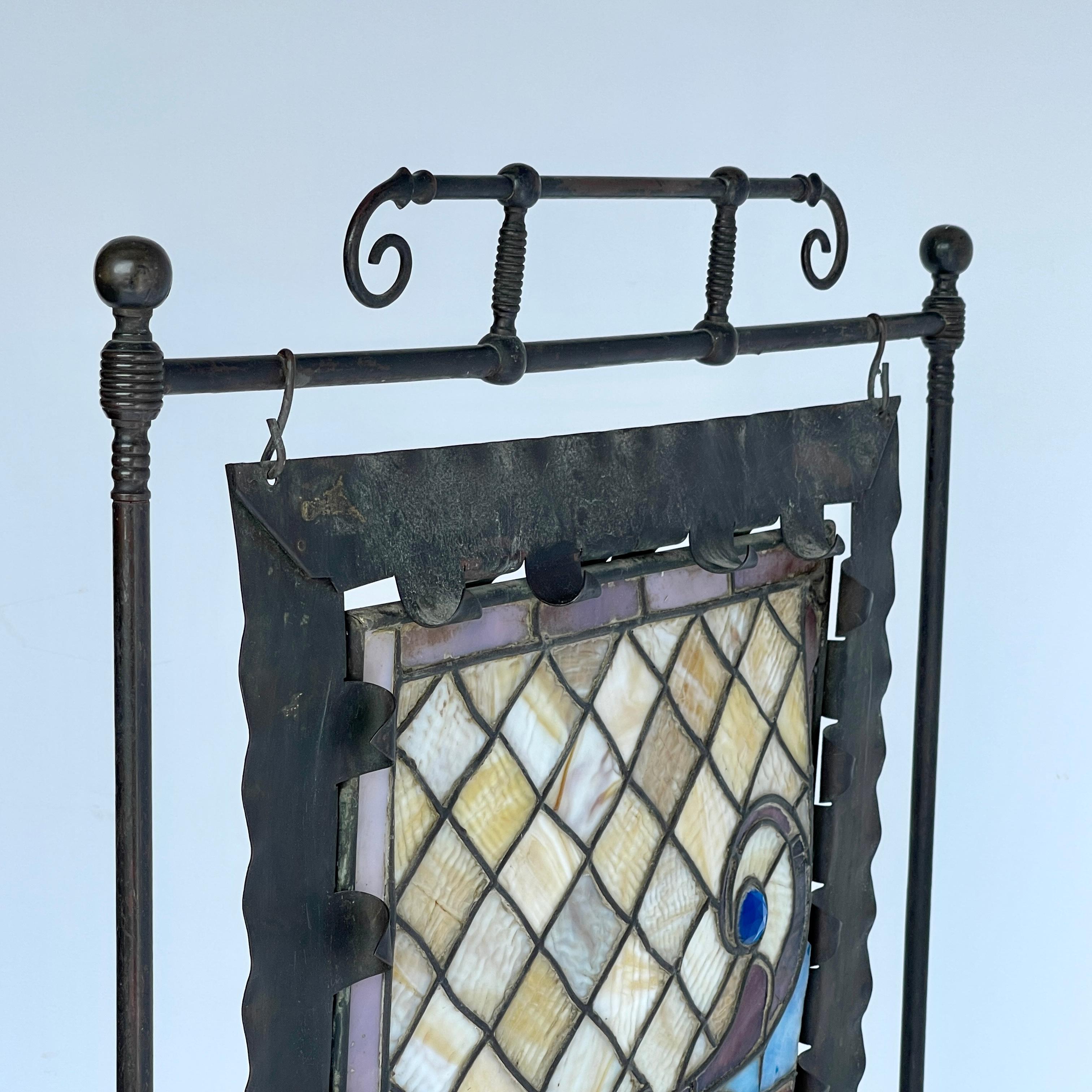 Arts & Crafts Black Iron and Stained Glass Fireplace Screen 5