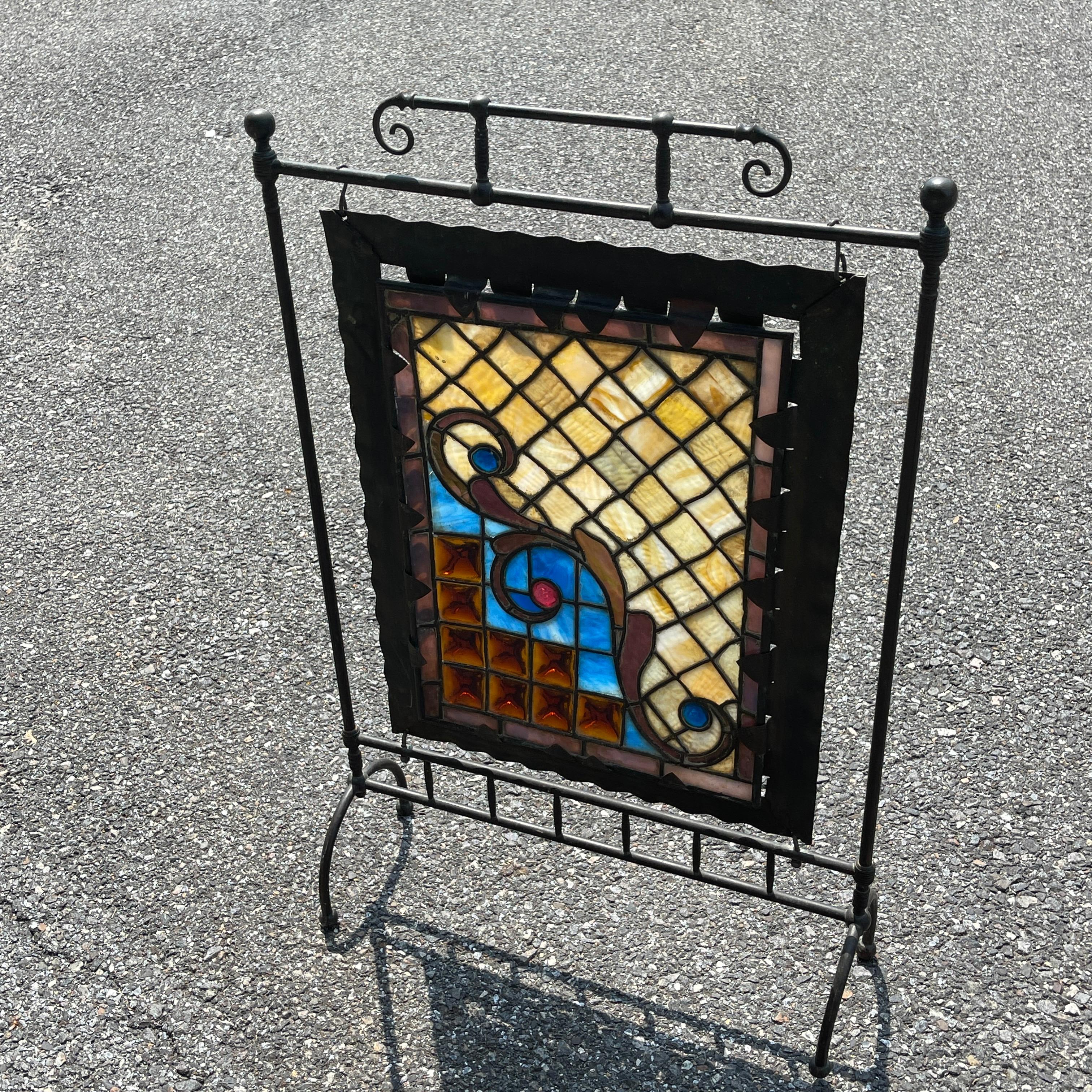 Arts & Crafts Black Iron and Stained Glass Fireplace Screen 8