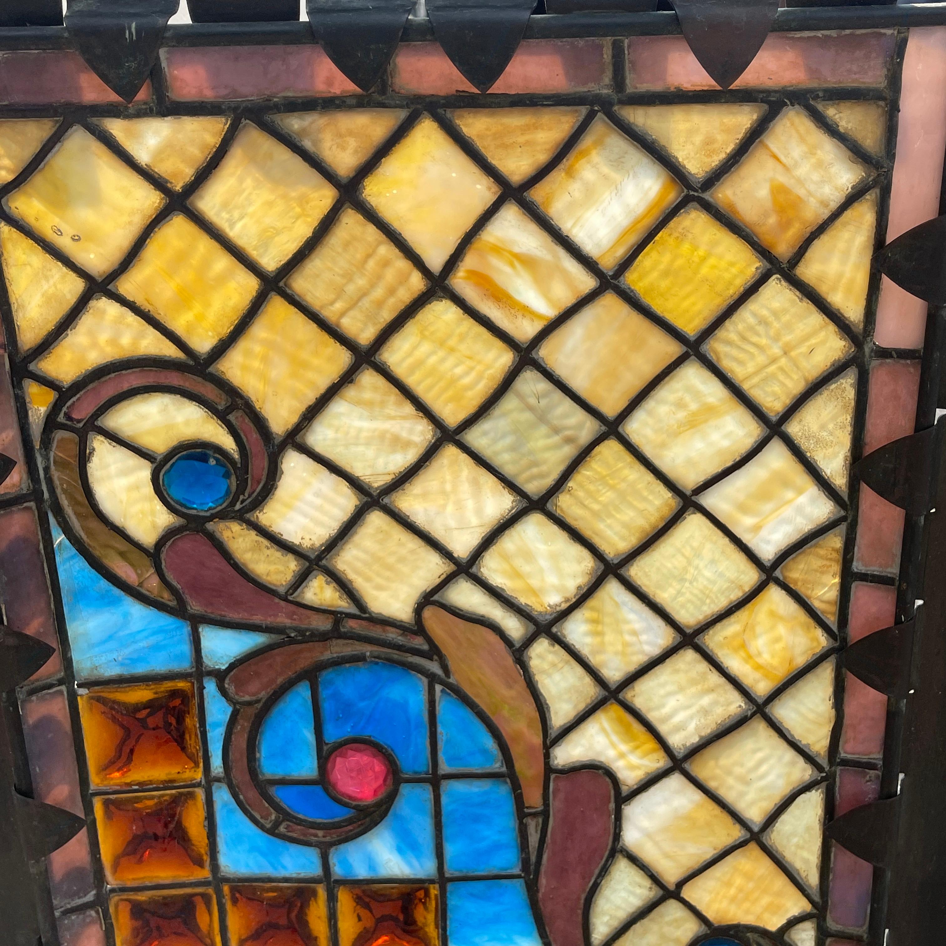 Arts & Crafts Black Iron and Stained Glass Fireplace Screen 9