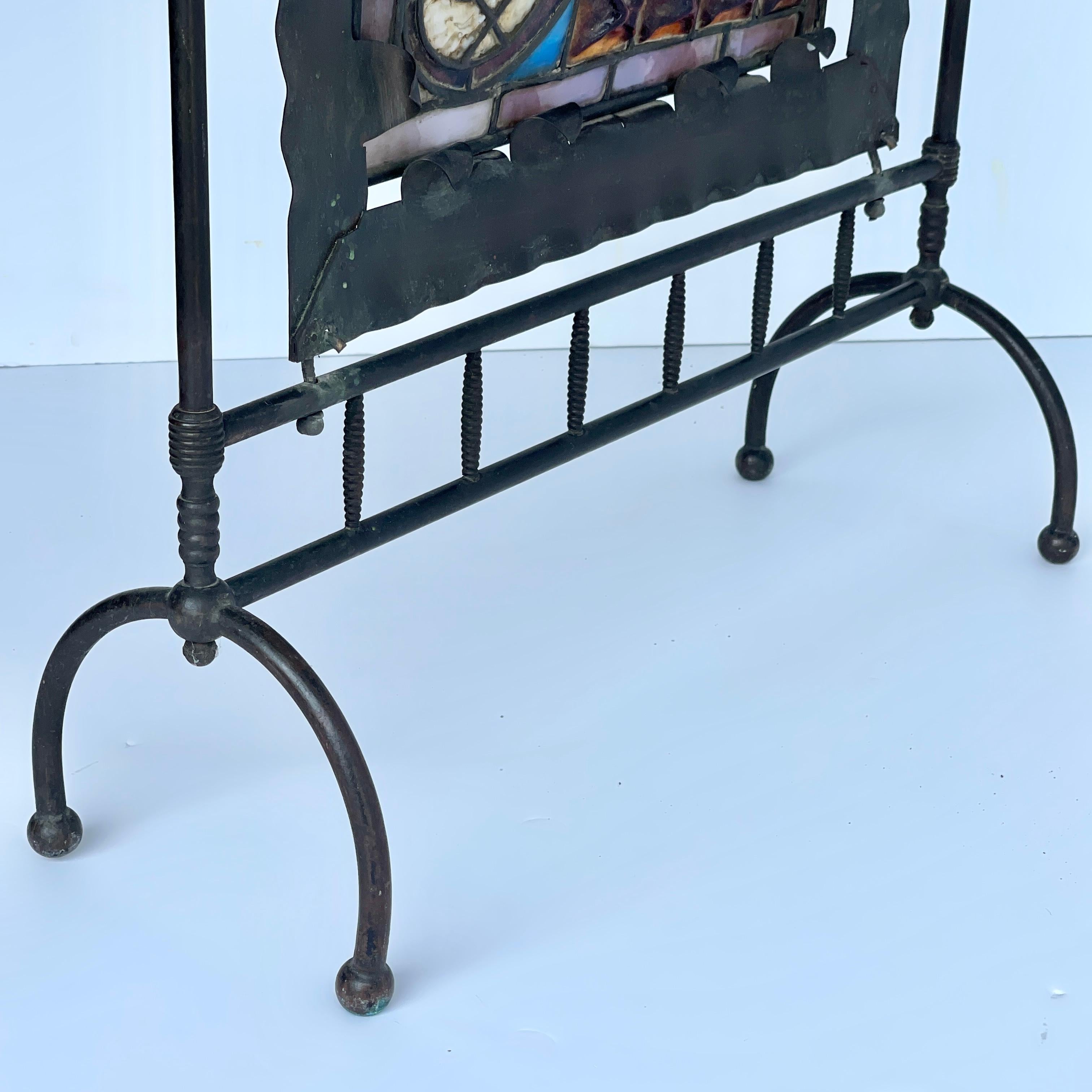 Arts & Crafts Black Iron and Stained Glass Fireplace Screen 10