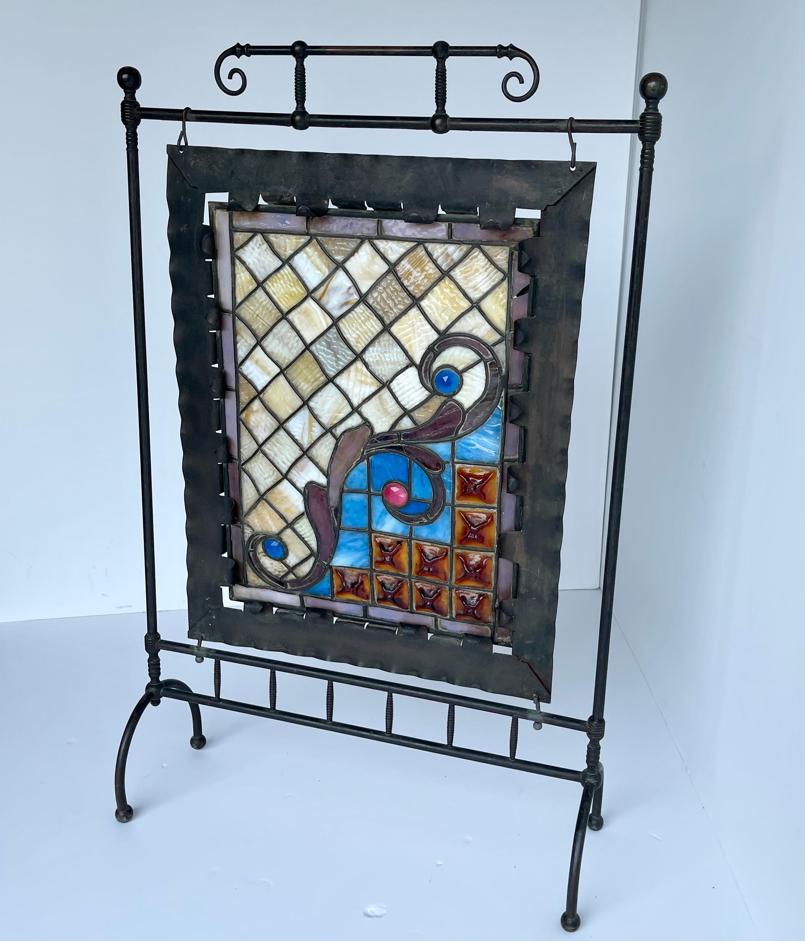 Arts & Crafts Black Iron and Stained Glass Fireplace Screen 11