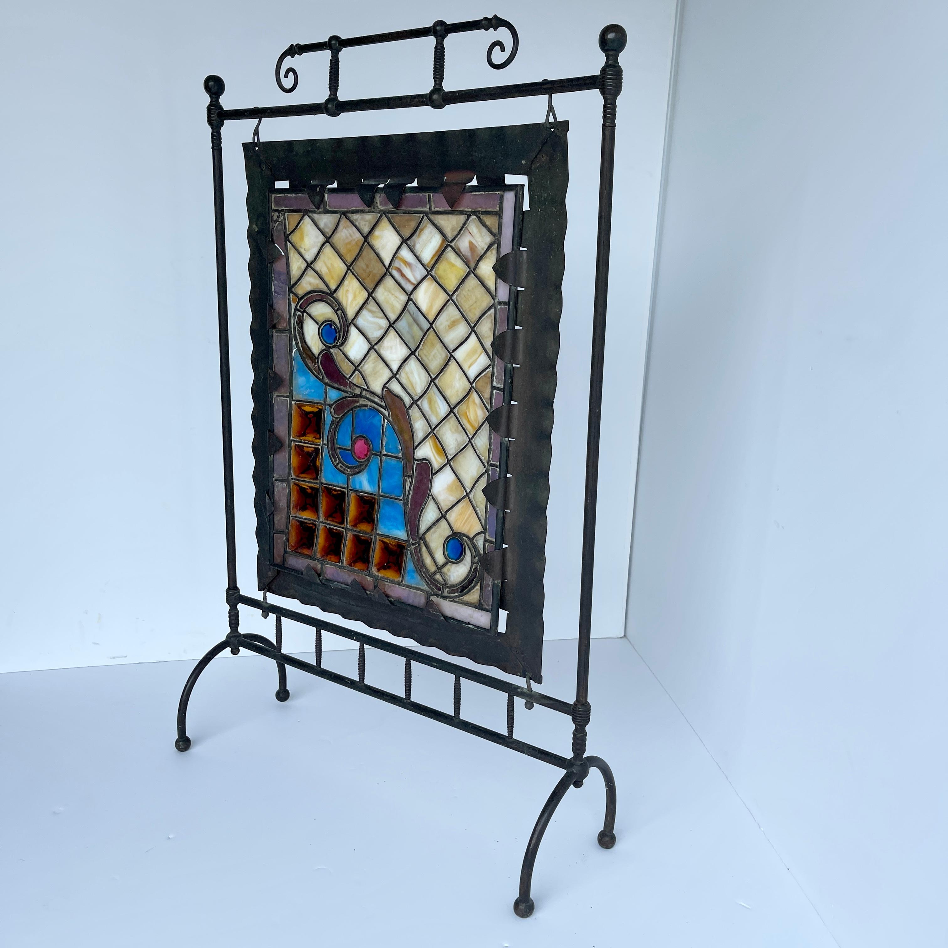 vintage stained glass fireplace screen