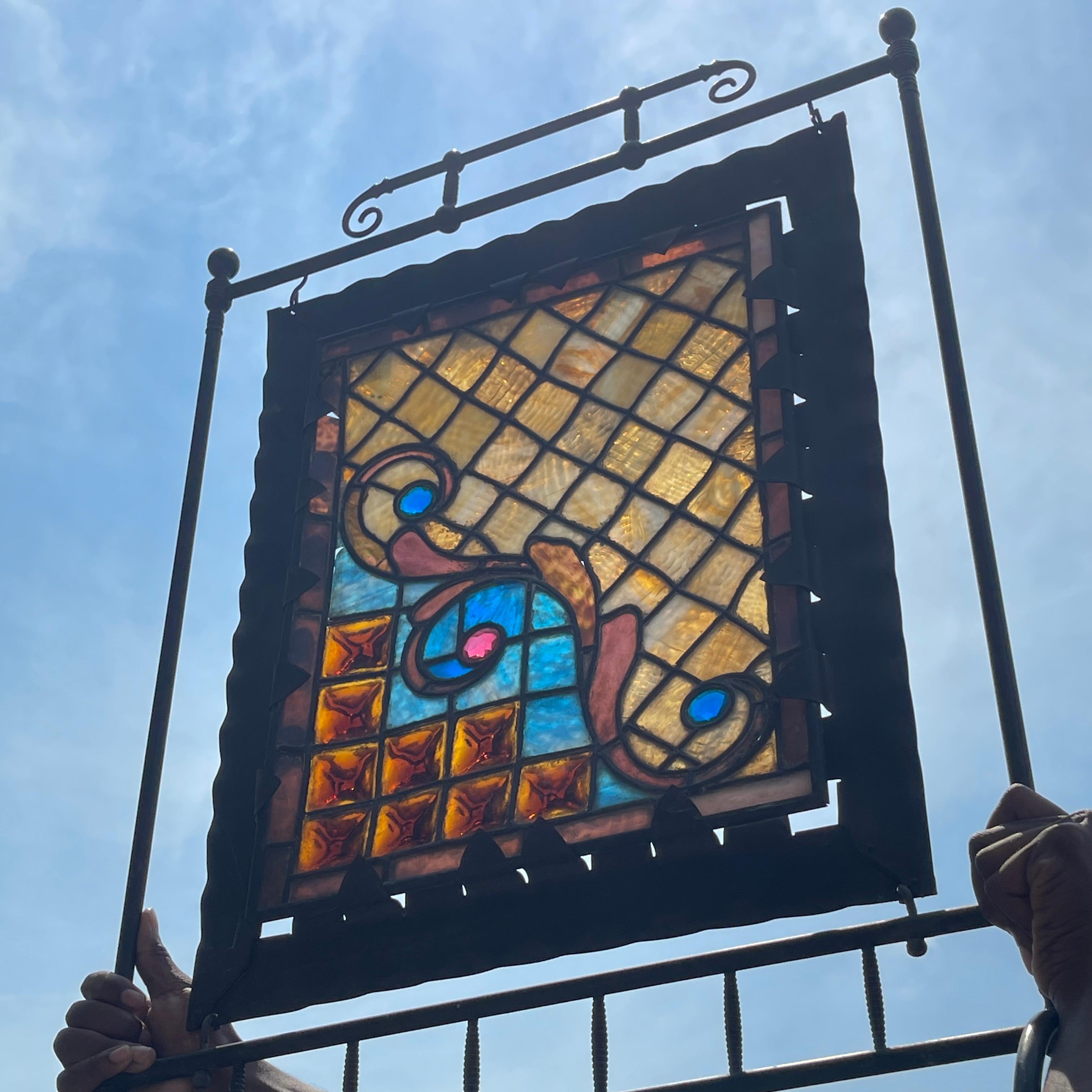 Arts & Crafts Black Iron and Stained Glass Fireplace Screen In Good Condition In Haddonfield, NJ