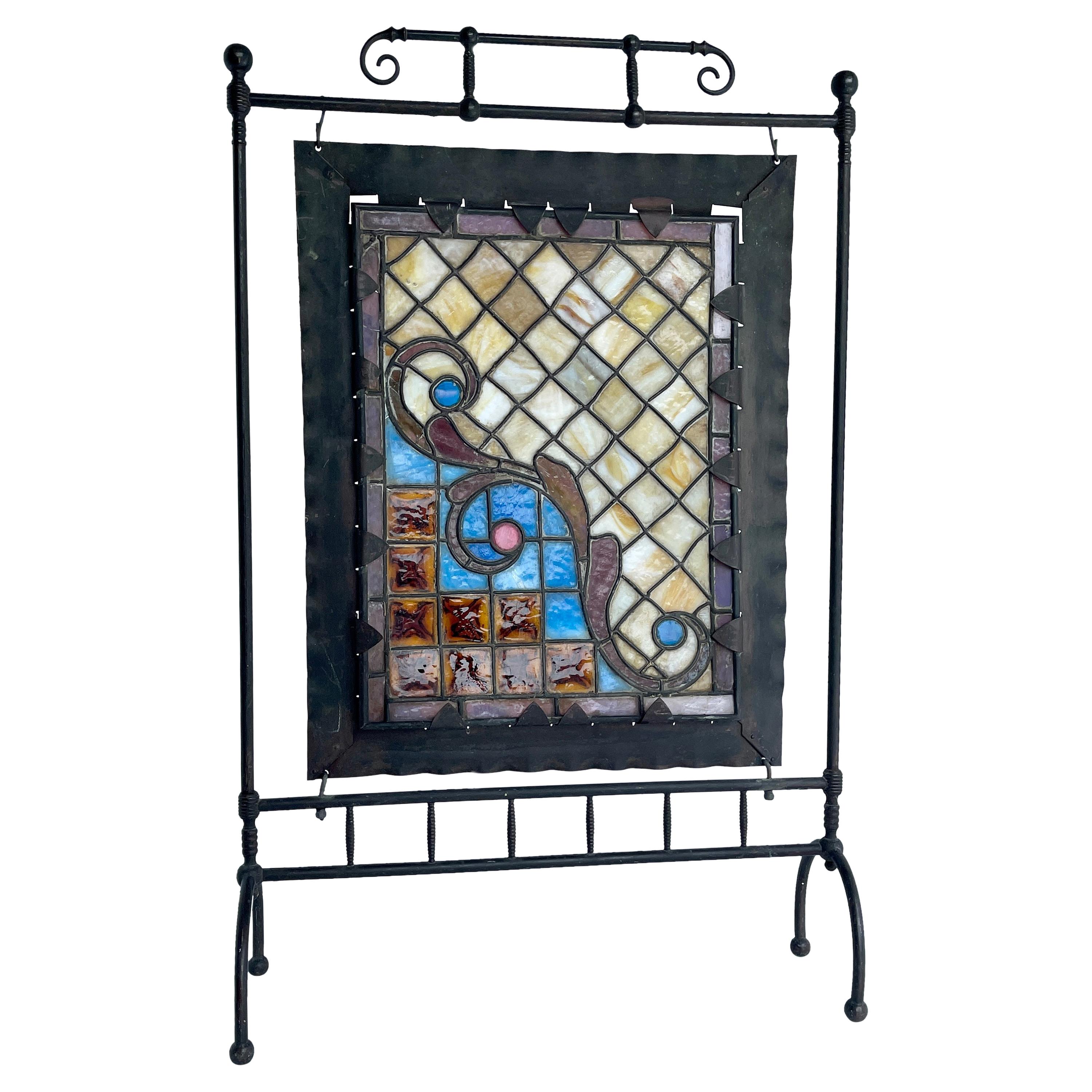 Arts & Crafts Black Iron and Stained Glass Fireplace Screen