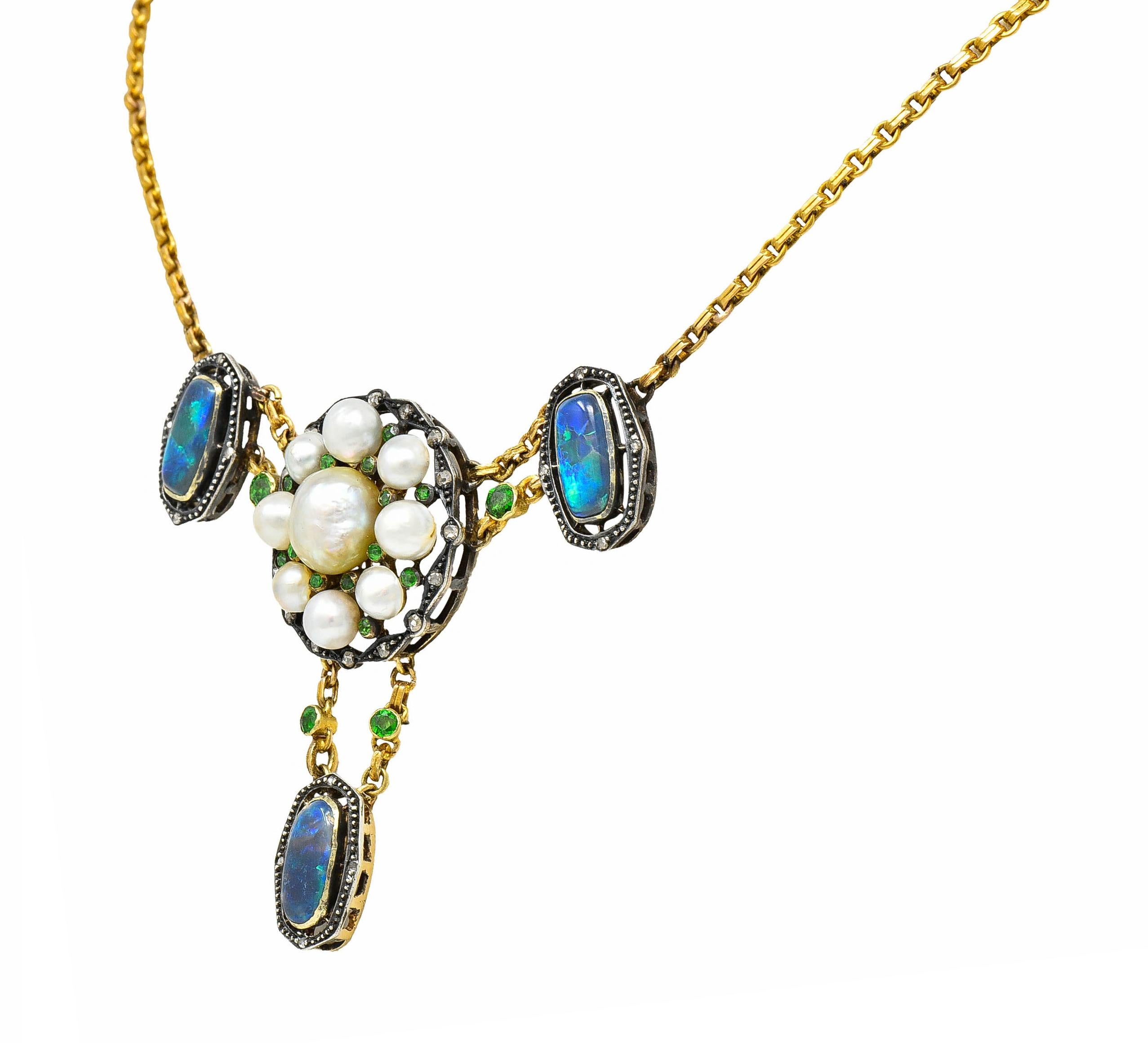 Art Nouveau Arts & Crafts Black Opal Demantoid Garnet Pearl Diamond 14 Karat Gold Necklace