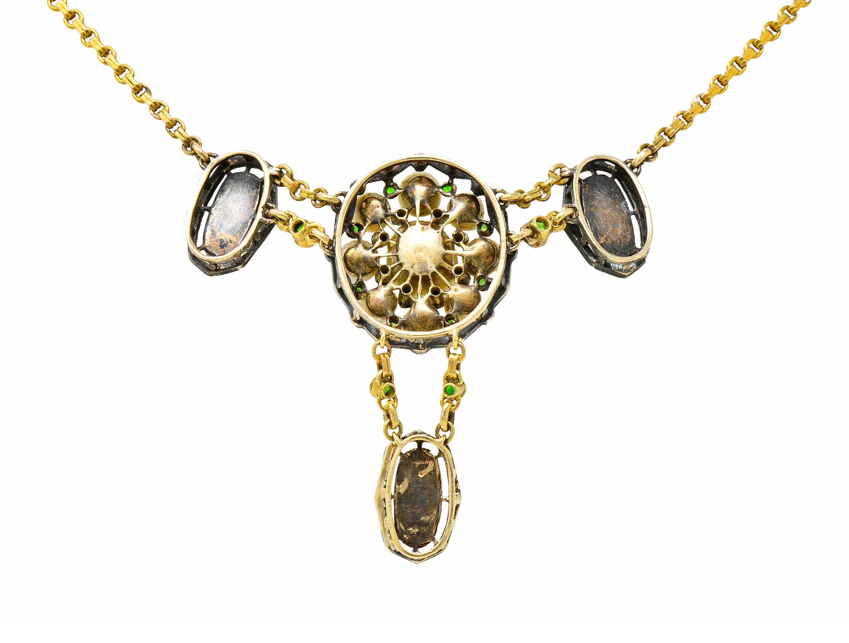 Round Cut Arts & Crafts Black Opal Demantoid Garnet Pearl Diamond 14 Karat Gold Necklace