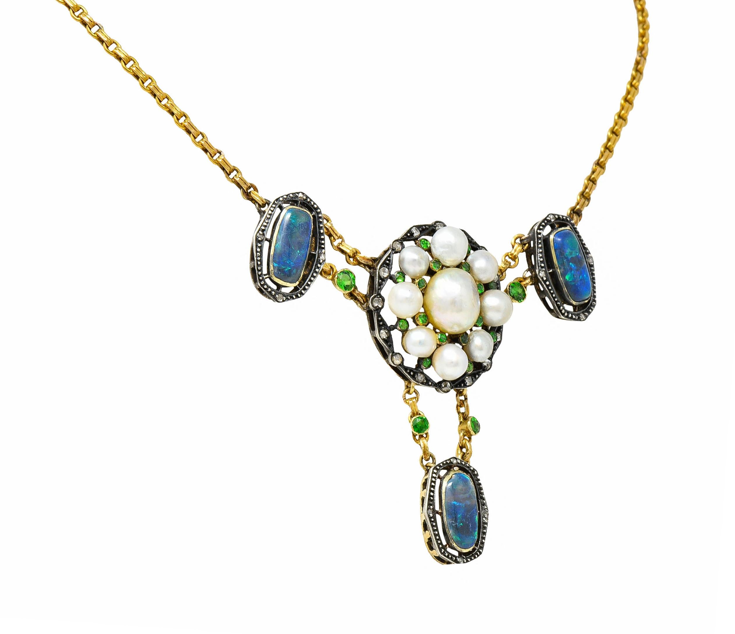 Arts & Crafts Black Opal Demantoid Garnet Pearl Diamond 14 Karat Gold Necklace In Excellent Condition In Philadelphia, PA