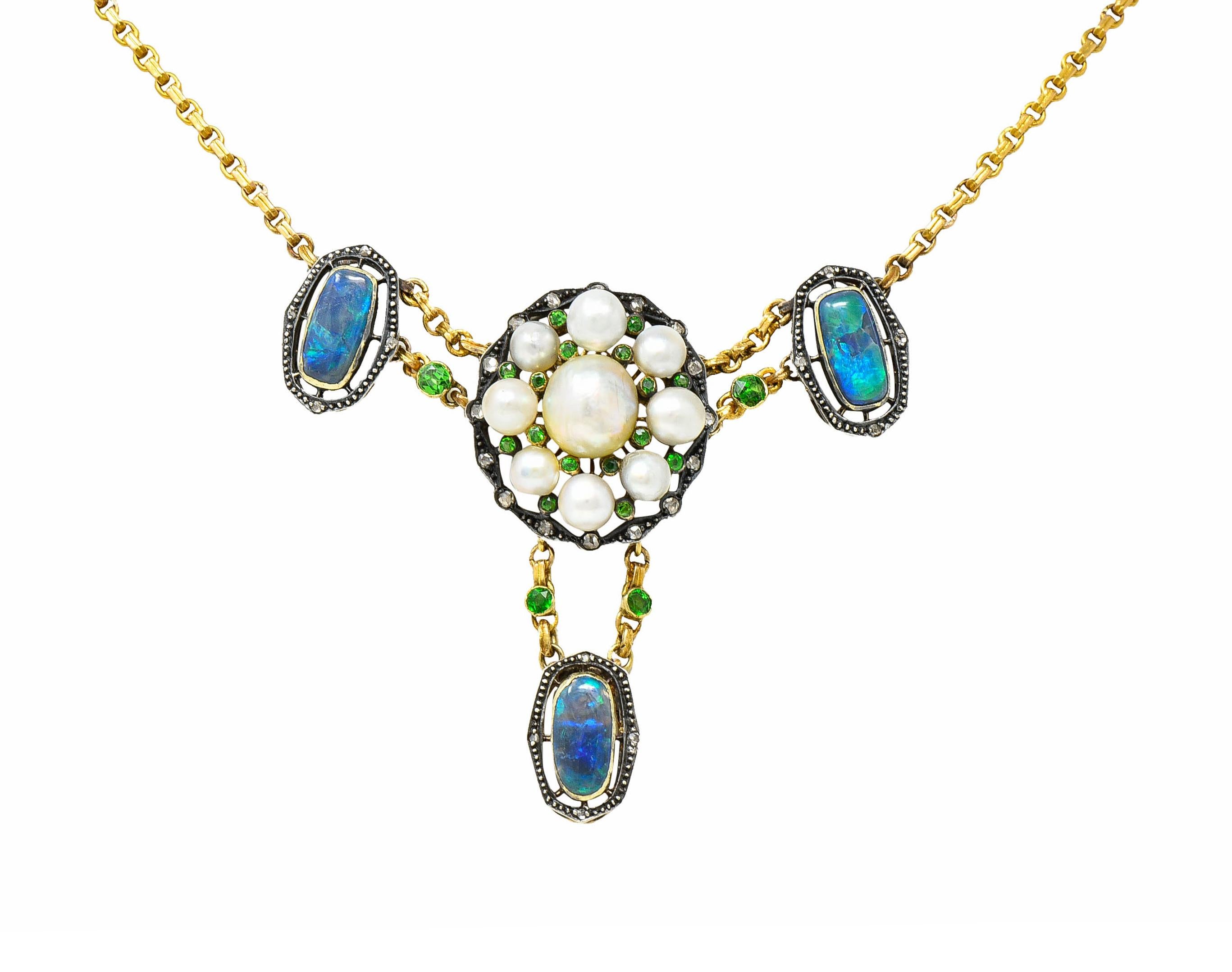 Arts & Crafts Black Opal Demantoid Garnet Pearl Diamond 14 Karat Gold Necklace 2