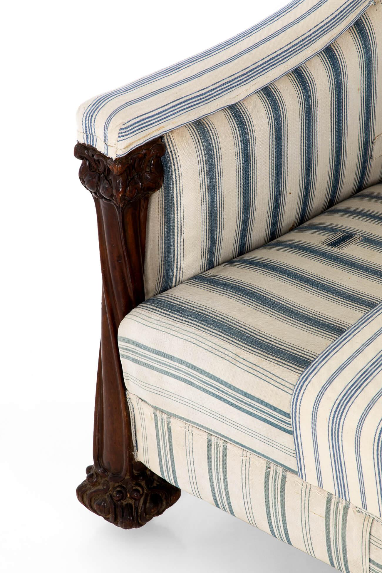20th Century Arts and Crafts Blue Stripe Sofa For Sale