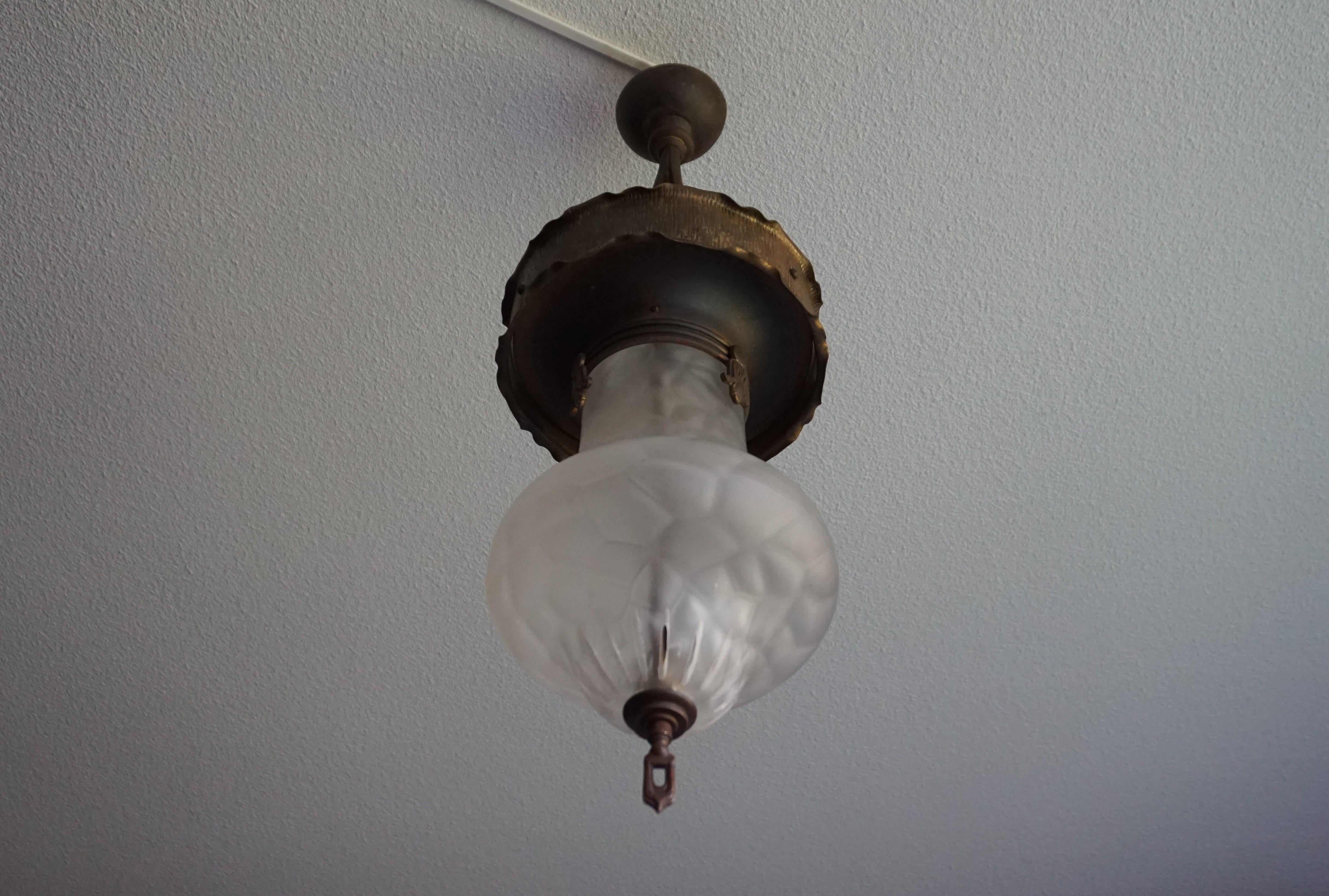 Arts & Crafts Brass, Bronze and Mouth Blown Glass Hall Pendant, Former Gas Light 3