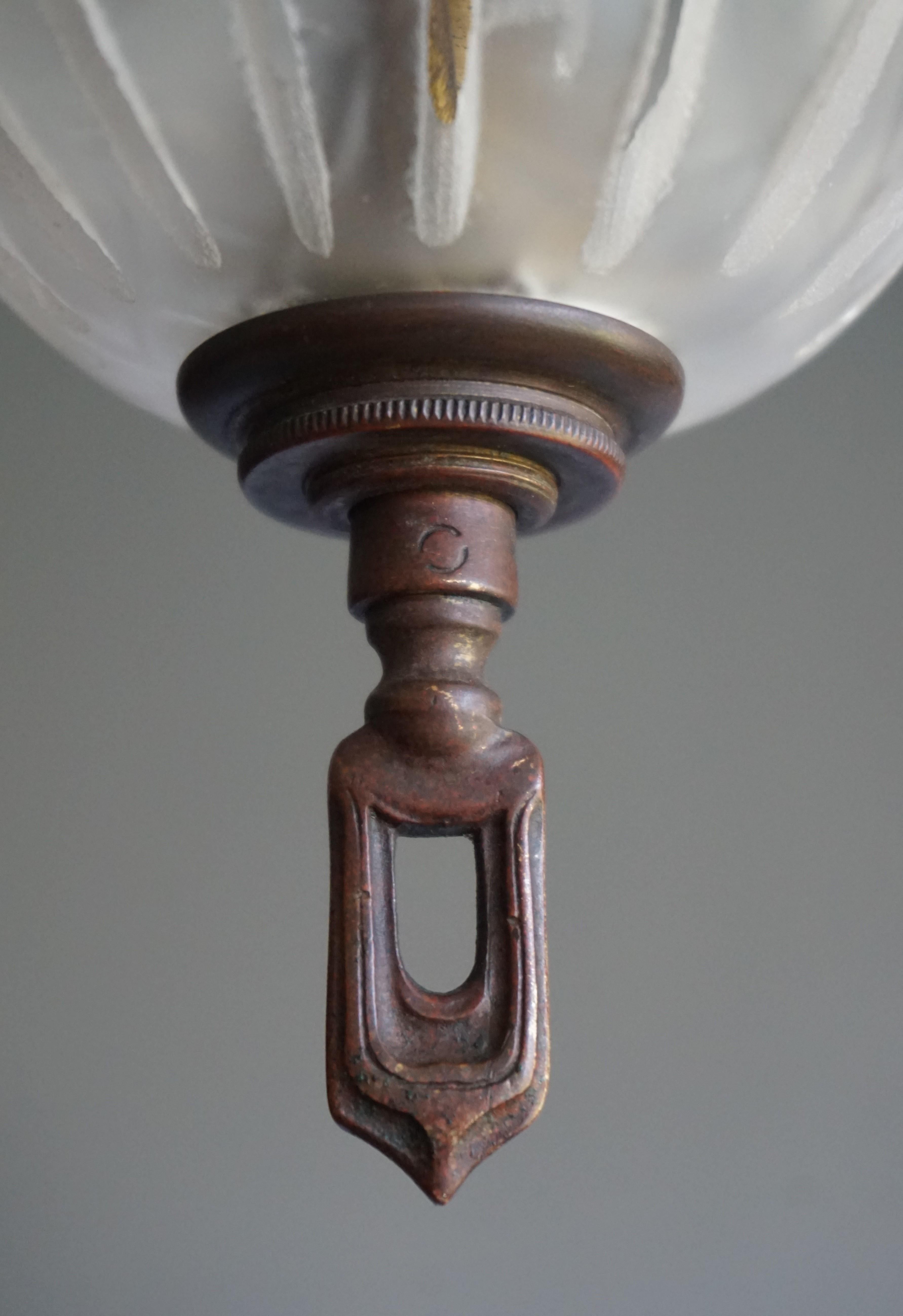 19th Century Arts & Crafts Brass, Bronze and Mouth Blown Glass Hall Pendant, Former Gas Light