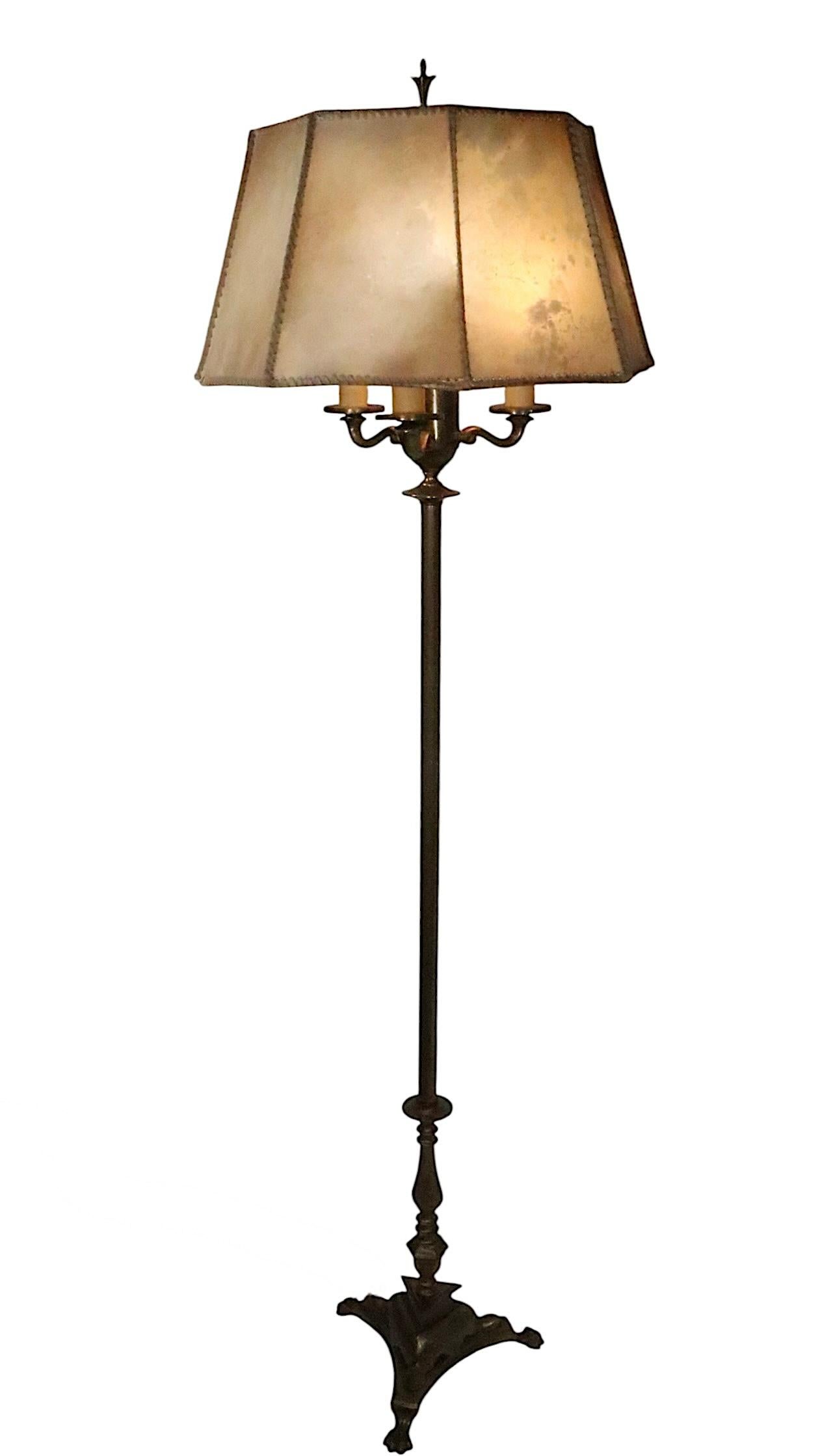 Arts and Crafts Brass Floor Lamp with Original Hide Shade by Hubley c 1920/30's For Sale 5