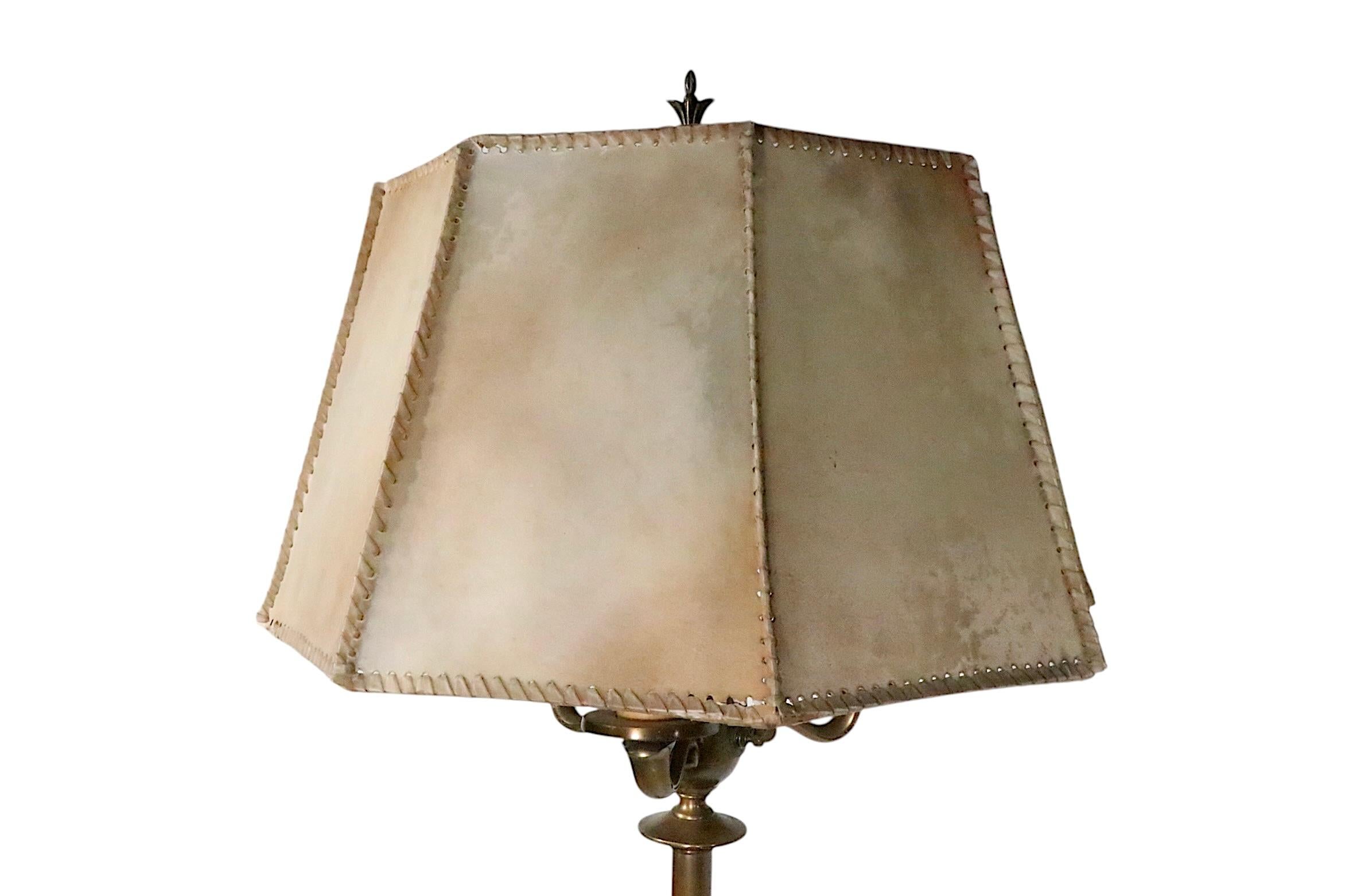 Arts and Crafts Brass Floor Lamp with Original Hide Shade by Hubley c 1920/30's For Sale 12