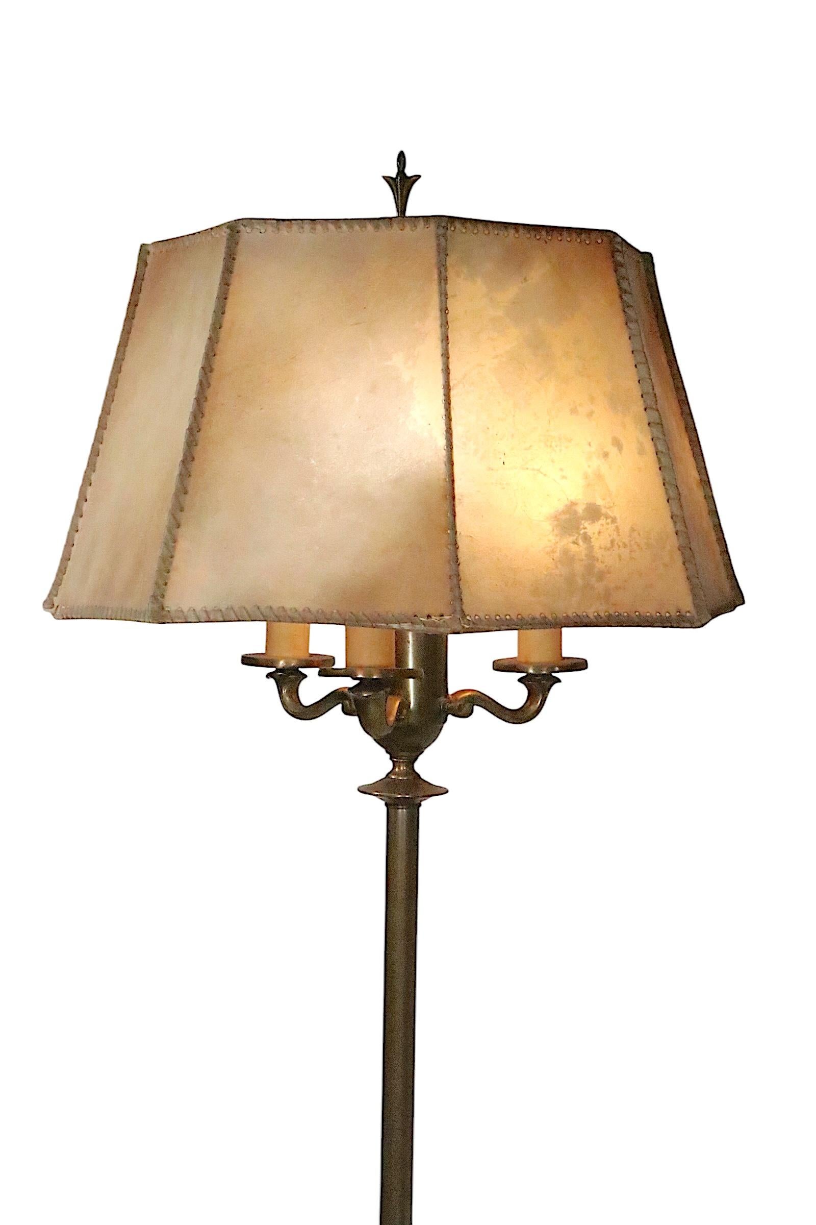 Arts and Crafts Brass Floor Lamp with Original Hide Shade by Hubley c 1920/30's For Sale 14