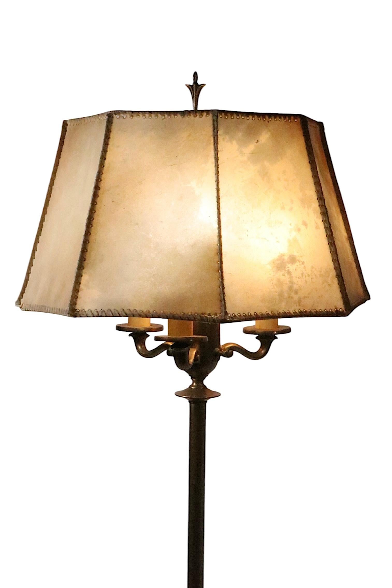 Arts and Crafts Brass Floor Lamp with Original Hide Shade by Hubley c 1920/30's For Sale 15