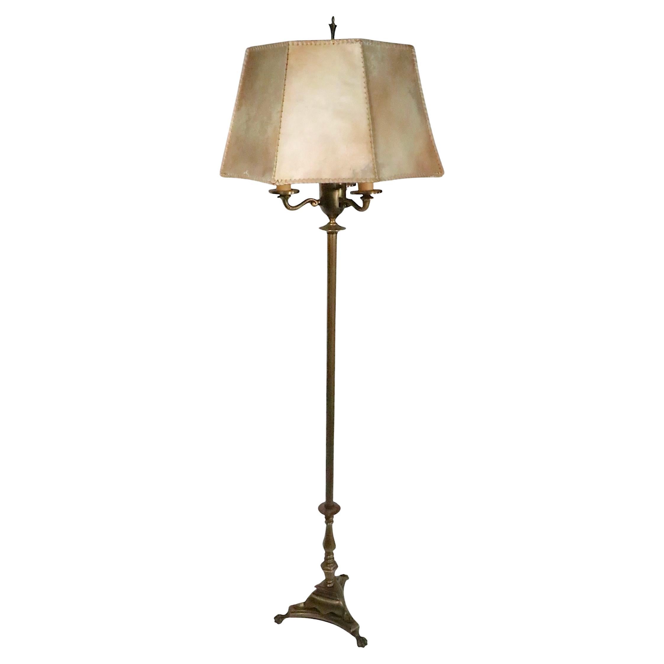 American Arts and Crafts Brass Floor Lamp with Original Hide Shade by Hubley c 1920/30's For Sale