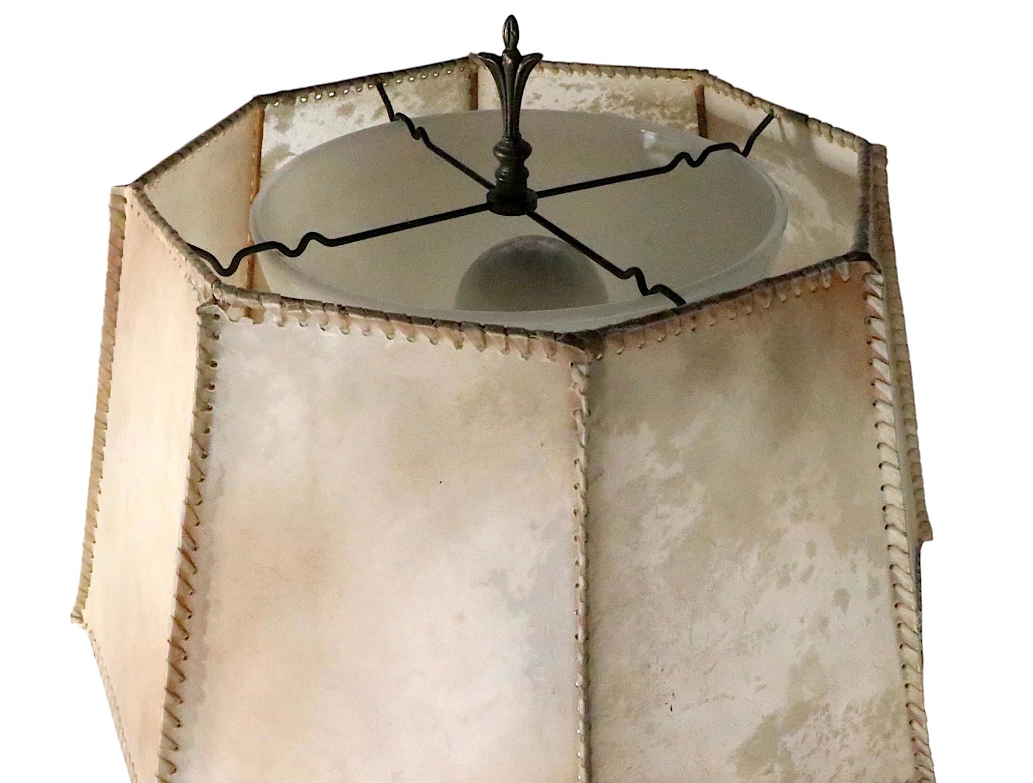 Arts and Crafts Brass Floor Lamp with Original Hide Shade by Hubley c 1920/30's For Sale 1