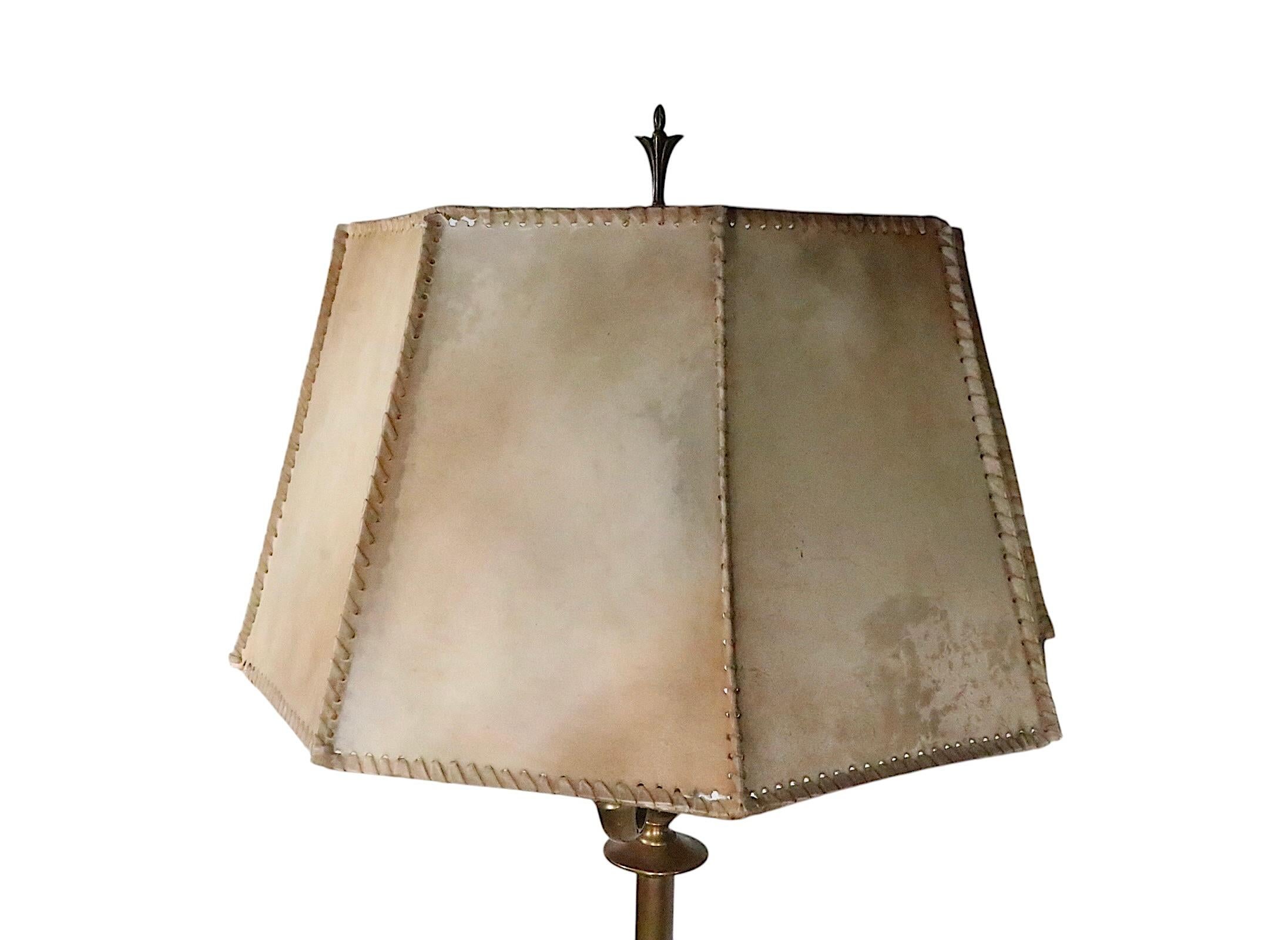 Arts and Crafts Brass Floor Lamp with Original Hide Shade by Hubley c 1920/30's For Sale 2