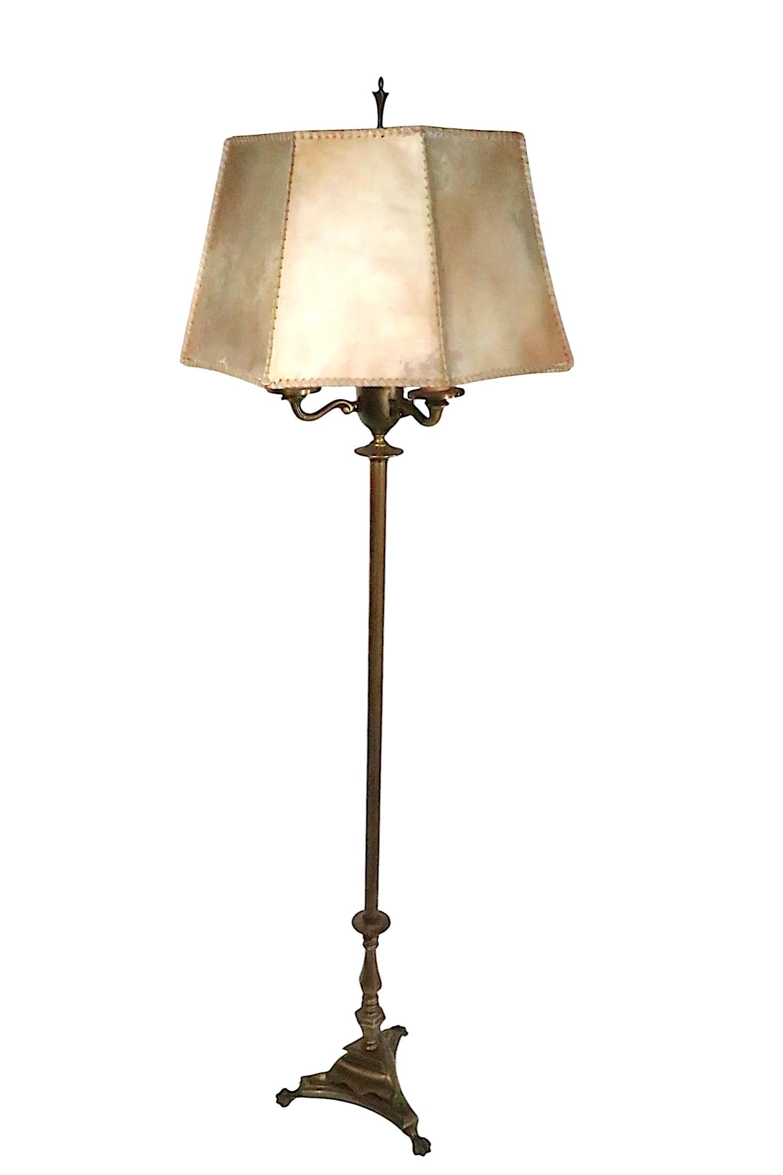 Arts and Crafts Brass Floor Lamp with Original Hide Shade by Hubley c 1920/30's For Sale 4