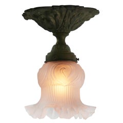 Arts and Crafts Brass Frosted Glass Ceiling Lamp Flush Mount