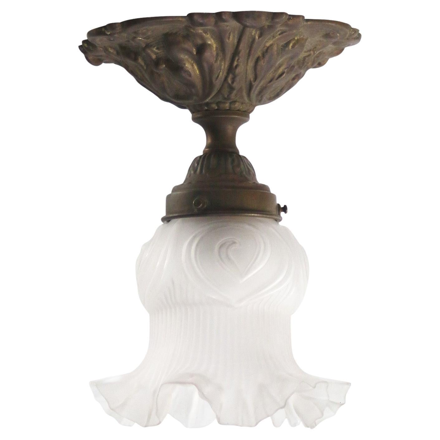 Arts and Crafts Brass Frosted Glass Ceiling Lamp Flush Mount