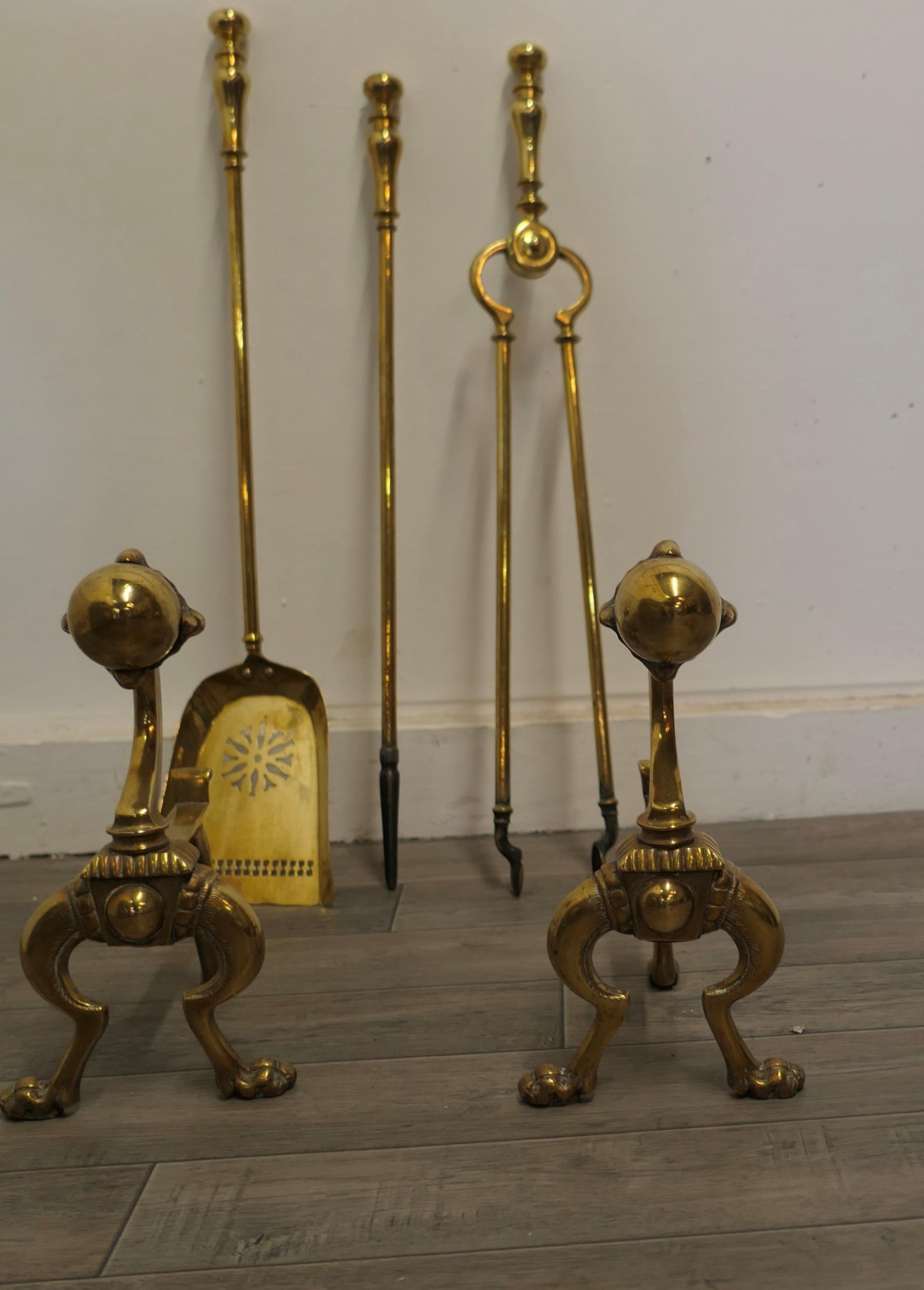 Late 19th Century Arts and Crafts Brass Gothic Fireside Companion Set, Fireside Tools For Sale