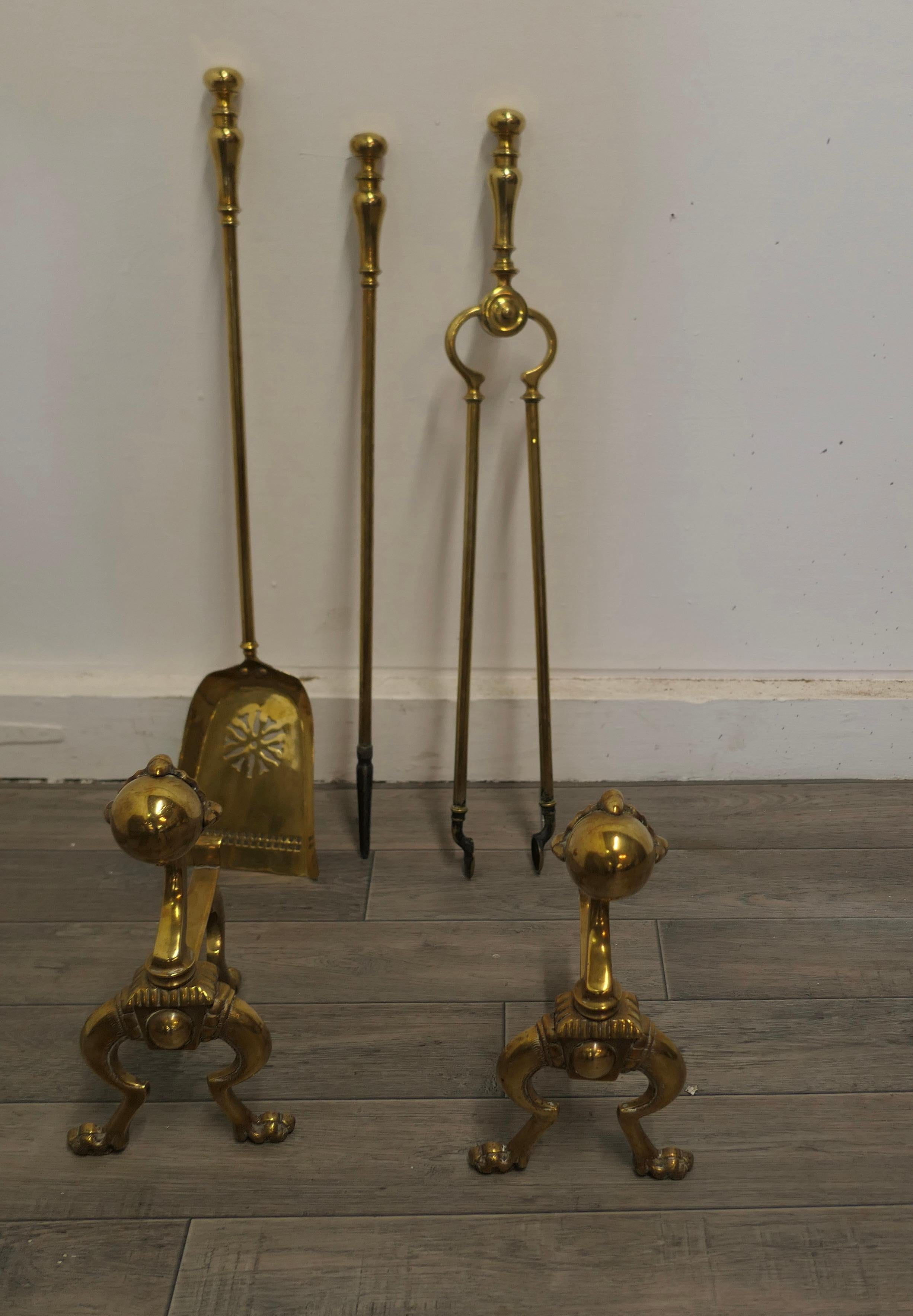 Arts and Crafts Brass Gothic Fireside Companion Set, Fireside Tools For Sale 1