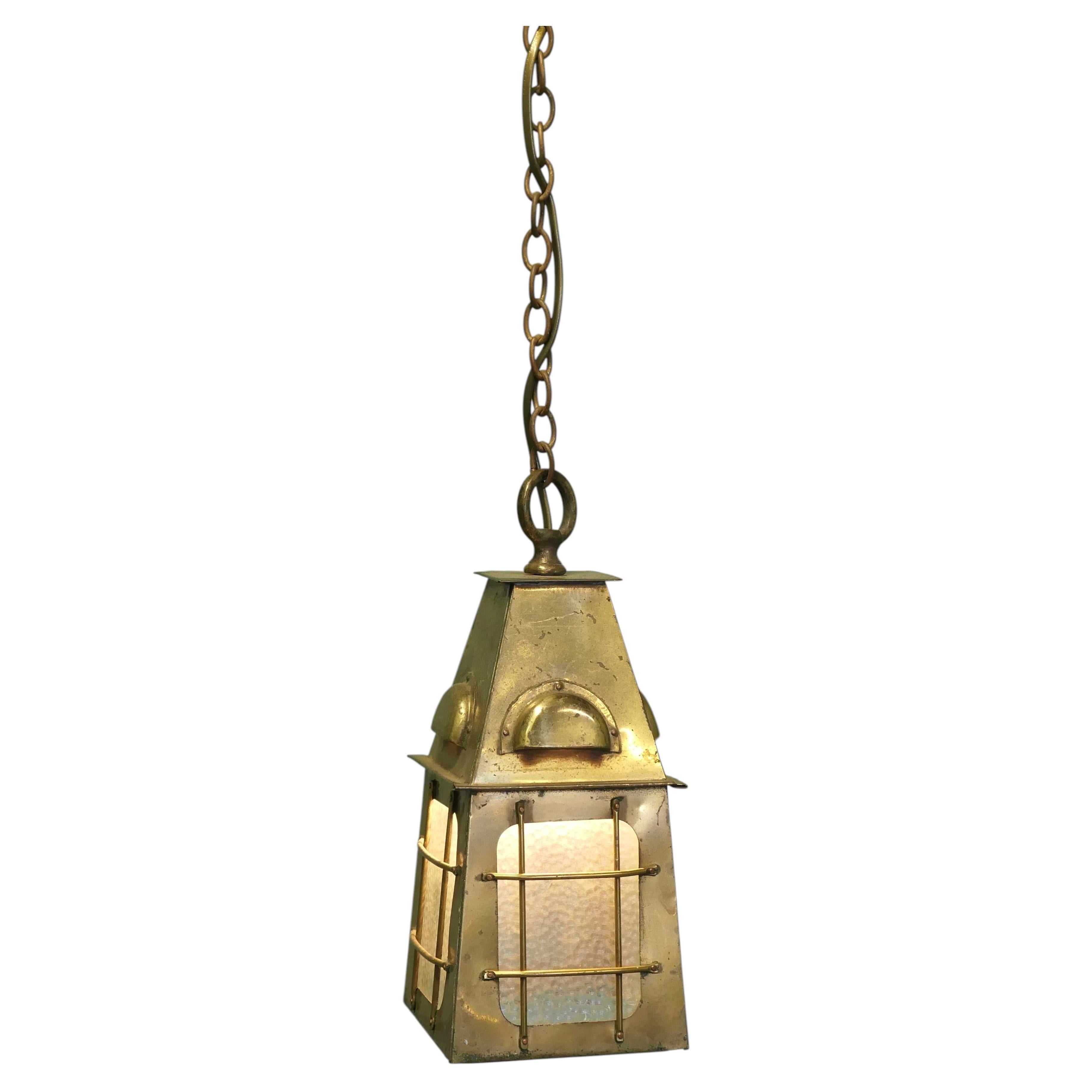 Arts and Crafts Brass Hall Lantern Ceiling Light For Sale