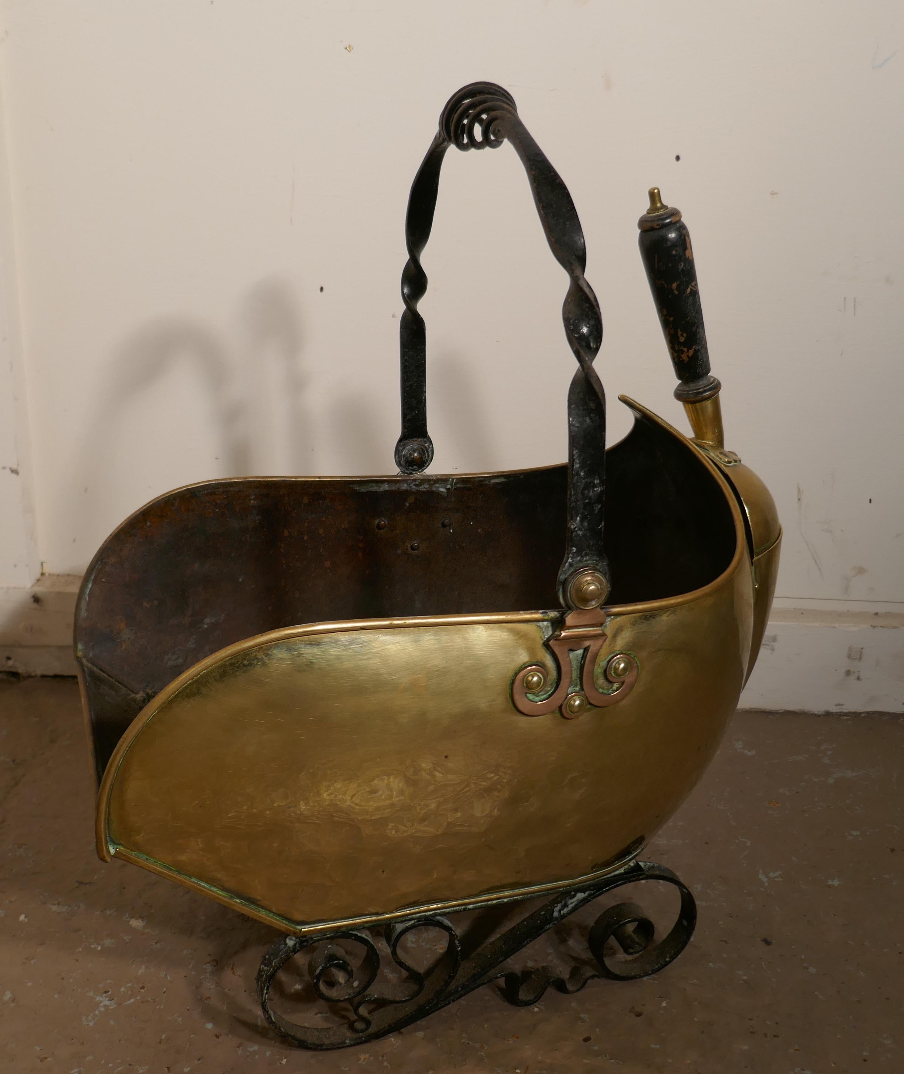 Late 19th Century Arts and Crafts Brass Helmet Coal Scuttle and Companion Set