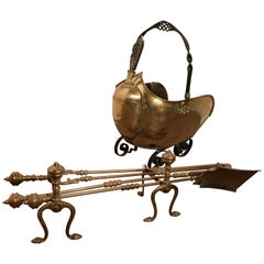 Arts and Crafts Brass Helmet Coal Scuttle and Companion Set