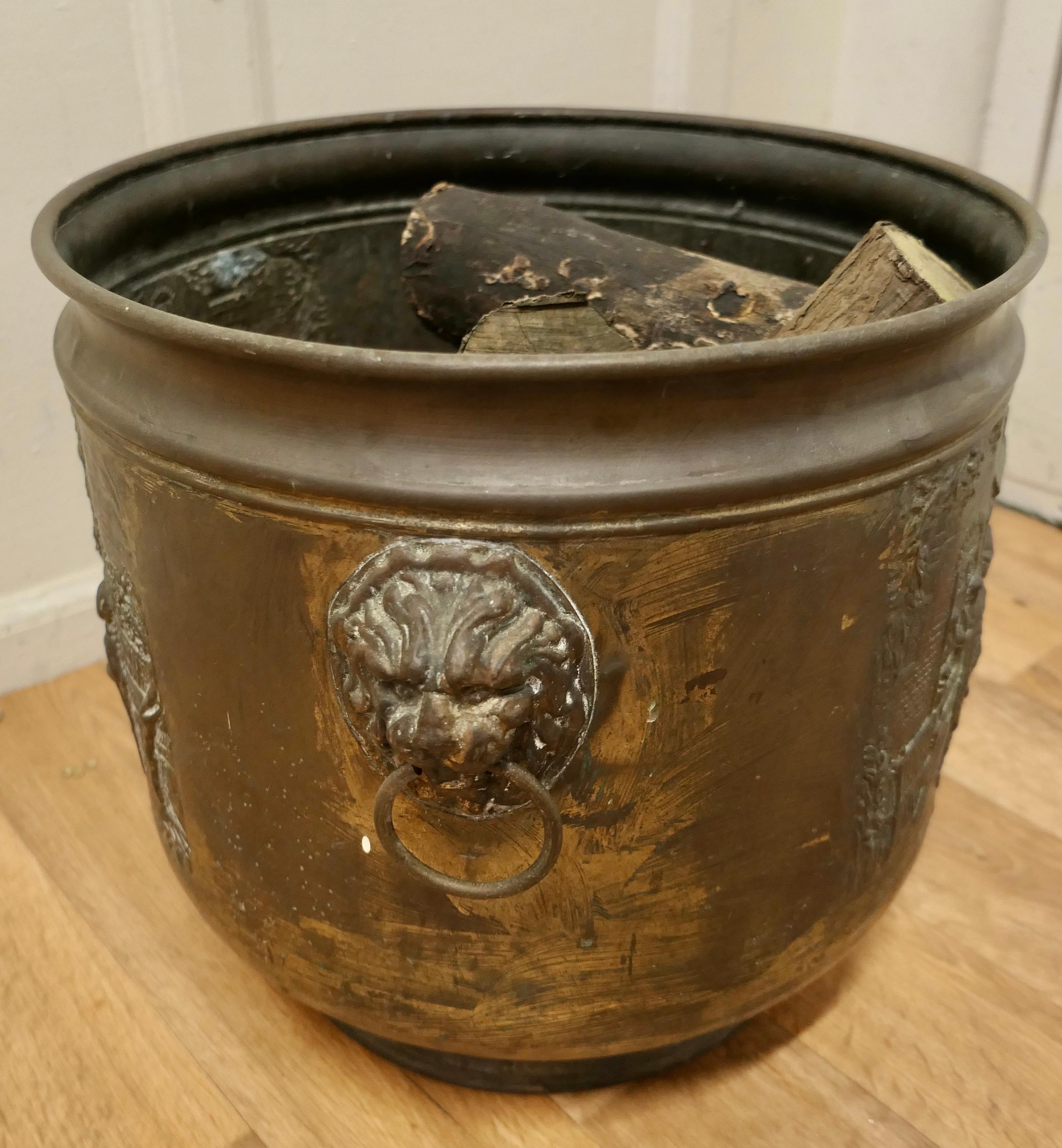 Early 20th Century Arts and Crafts Brass Log or Coal Bin, with Tavern Scenes For Sale