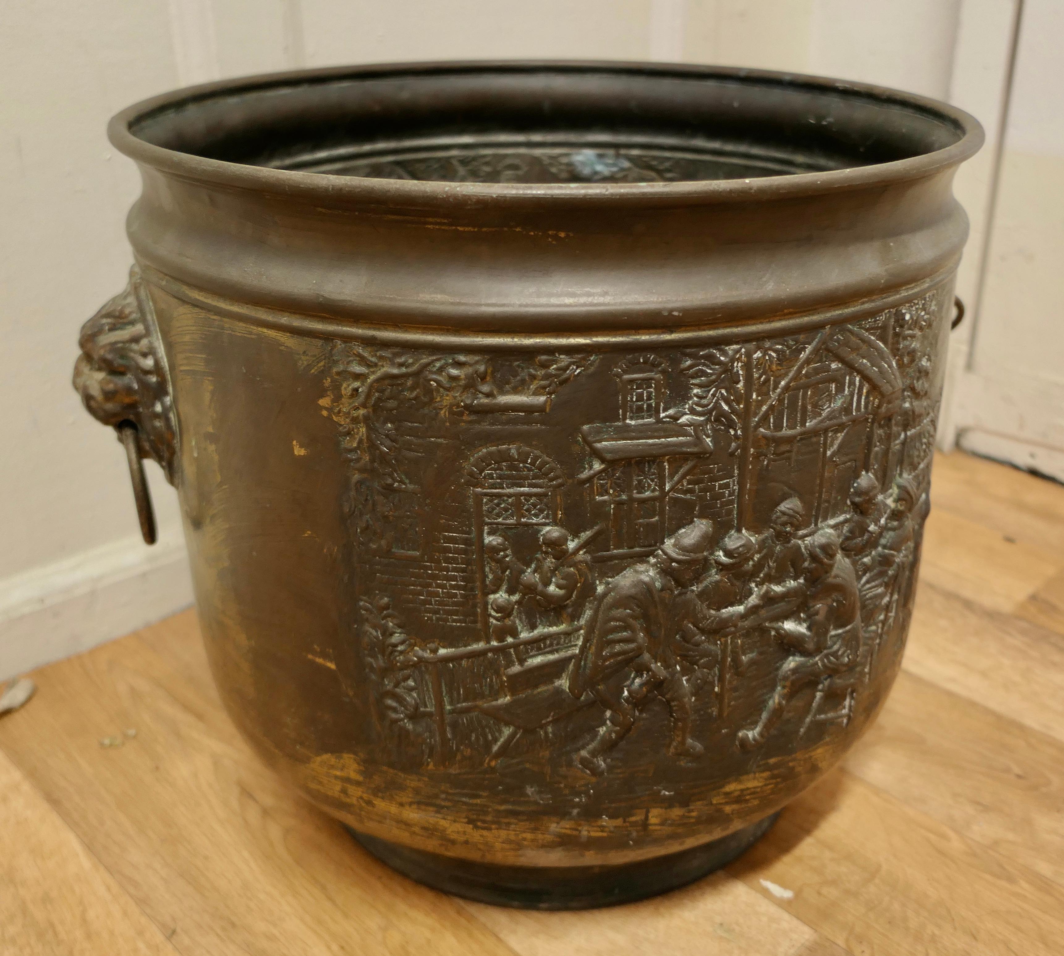 Arts and Crafts Brass Log or Coal Bin, with Tavern Scenes For Sale 1