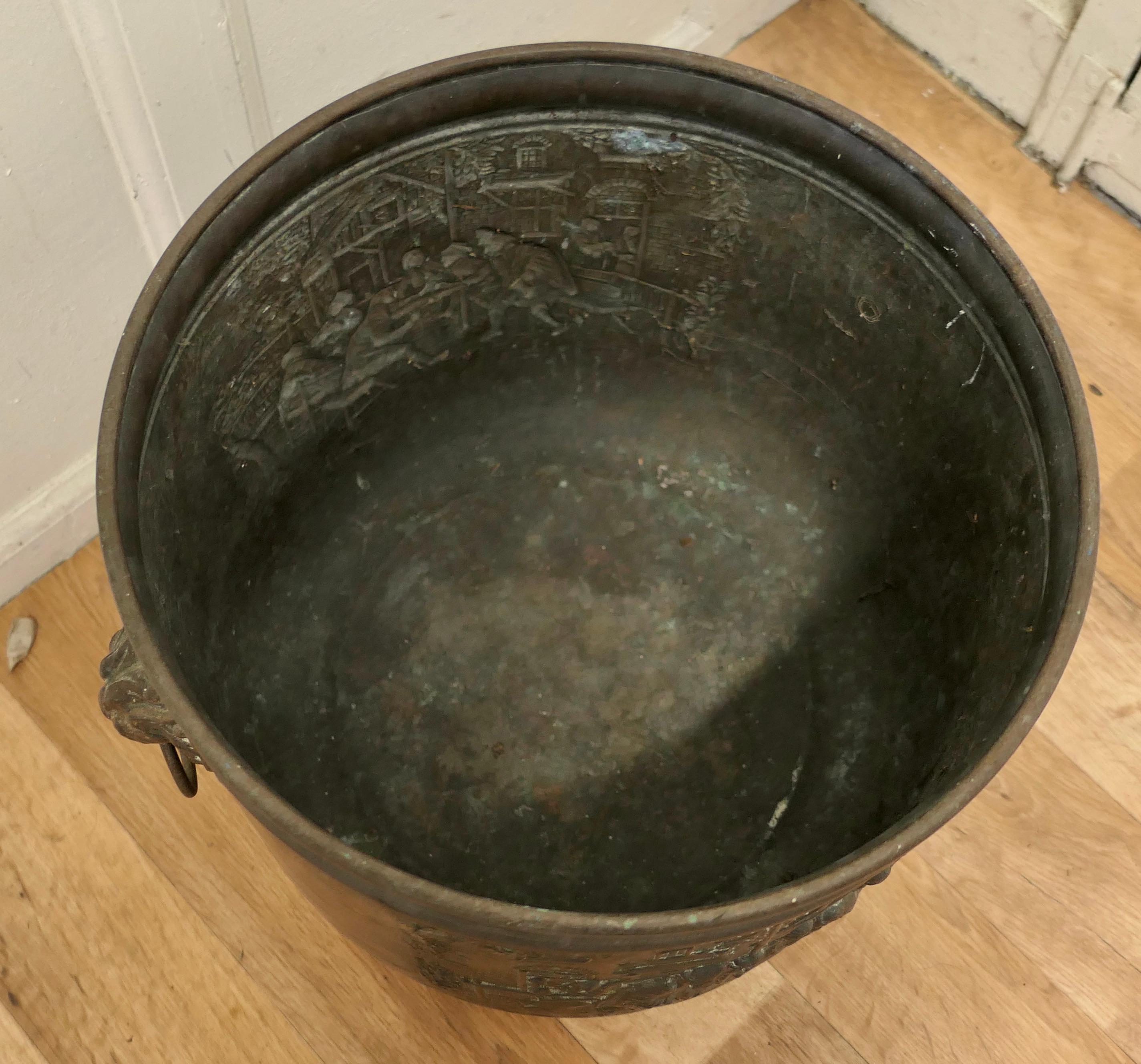 Arts and Crafts Brass Log or Coal Bin, with Tavern Scenes For Sale 2