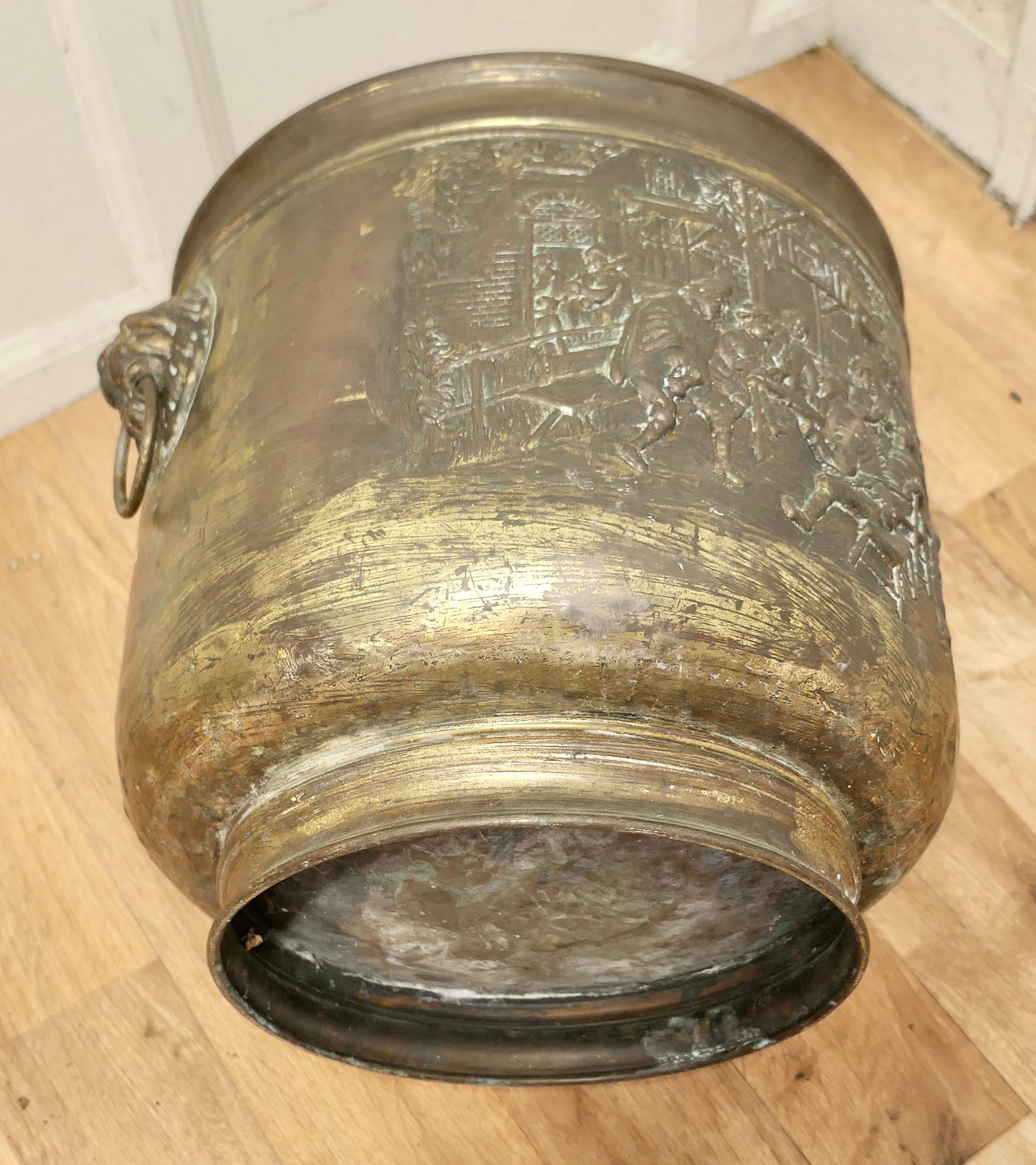 Arts and Crafts Brass Log or Coal Bin, with Tavern Scenes For Sale 3