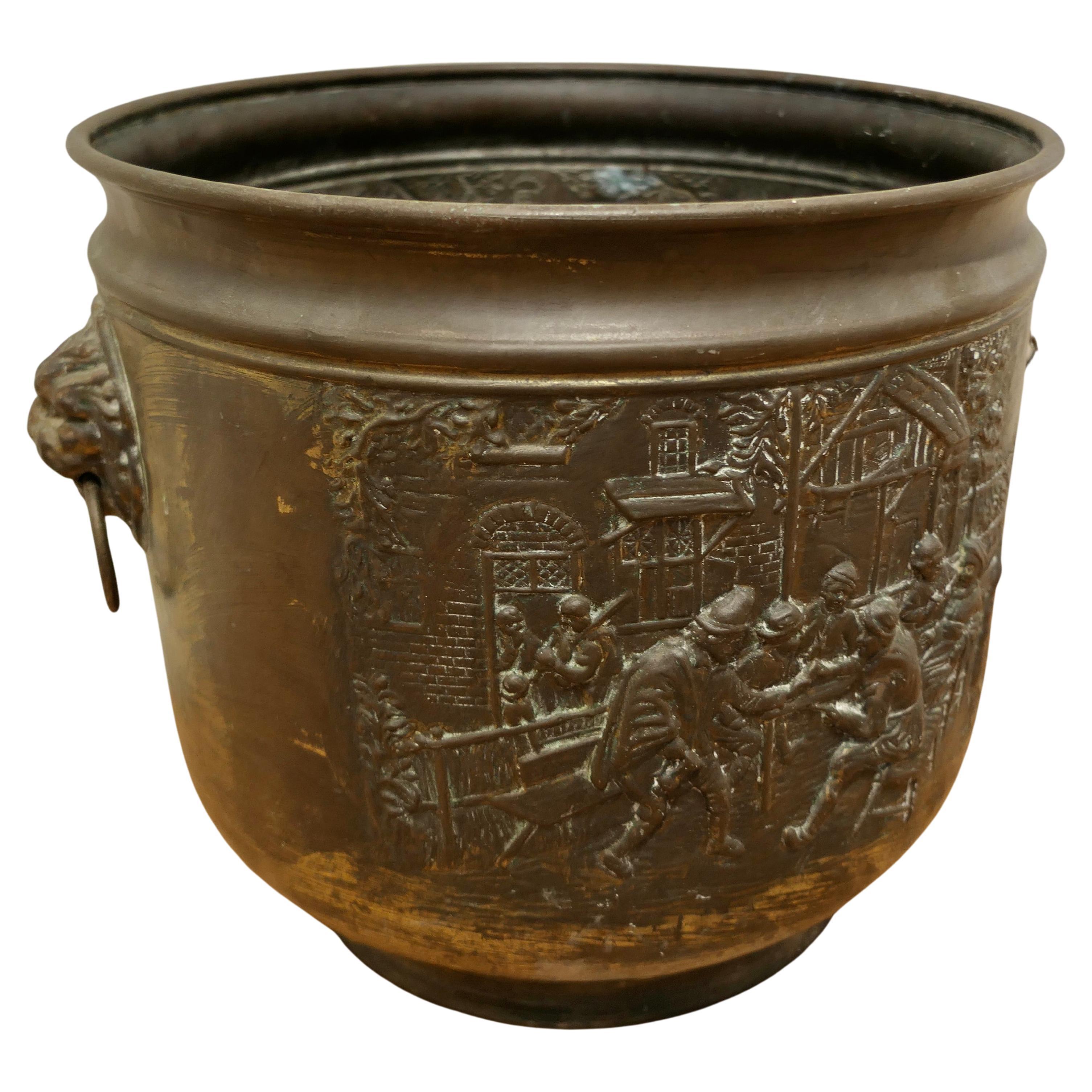 Arts and Crafts Brass Log or Coal Bin, with Tavern Scenes For Sale