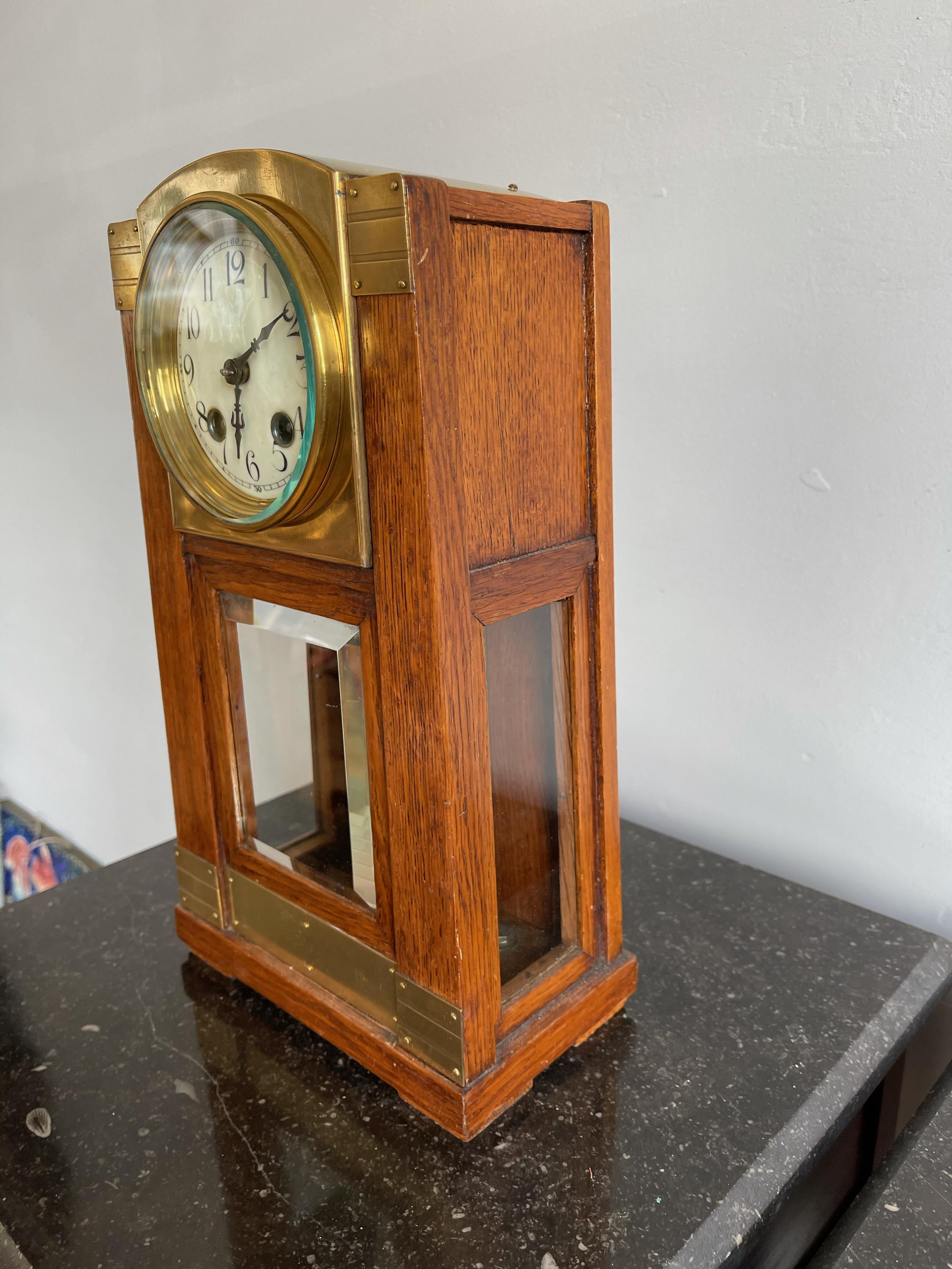 Arts & Crafts Brass & Wood Gustave Serrurier-Bovy Style Pendulum / Table Clock 9