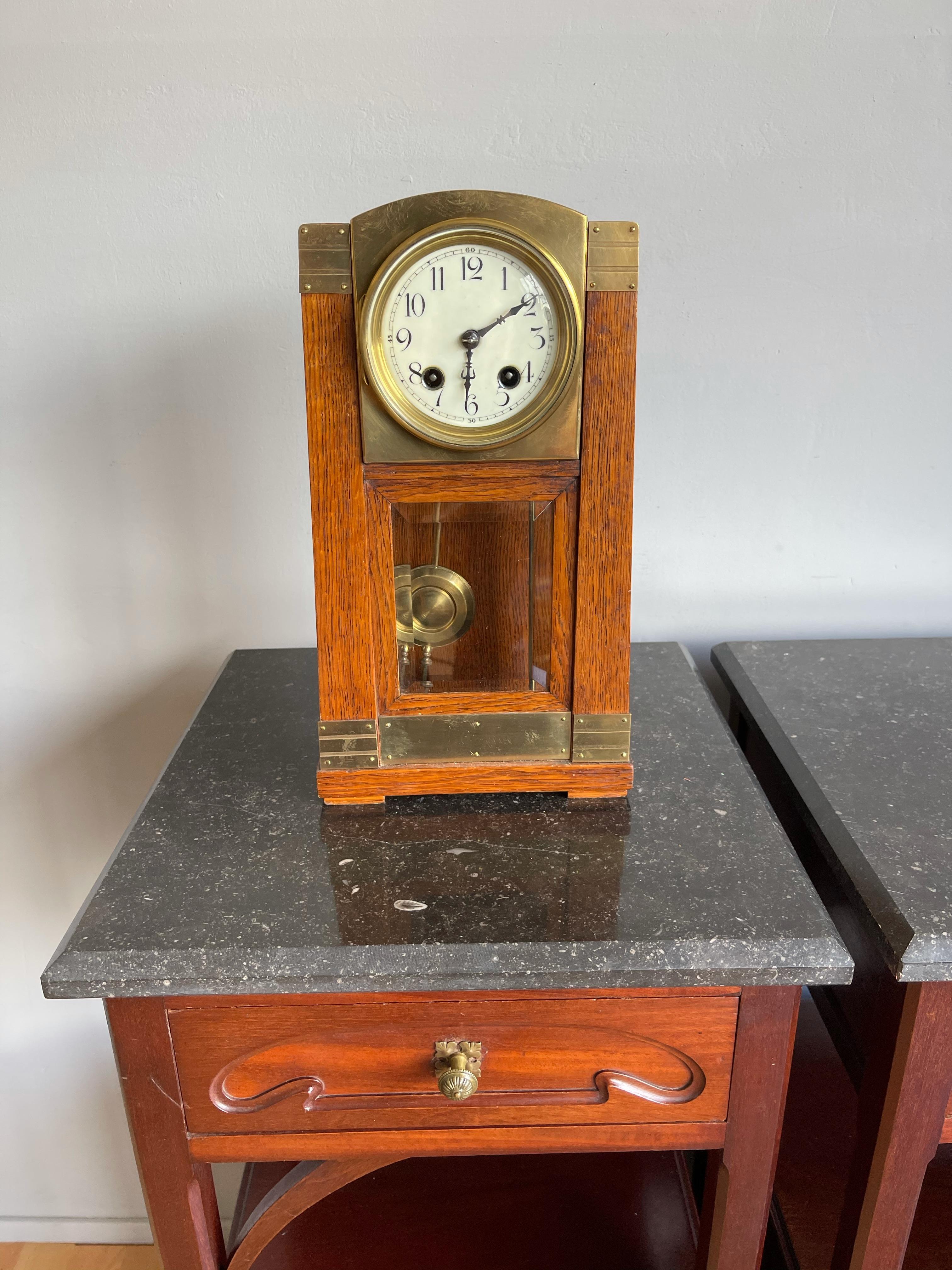 Beautiful and stylish clock, in good working order.

If you are looking for an exceptionally designed clock from the Arts & Crafts era then this rare mantel clock could be yours to own and enjoy soon. You will rarely find a table clock from the