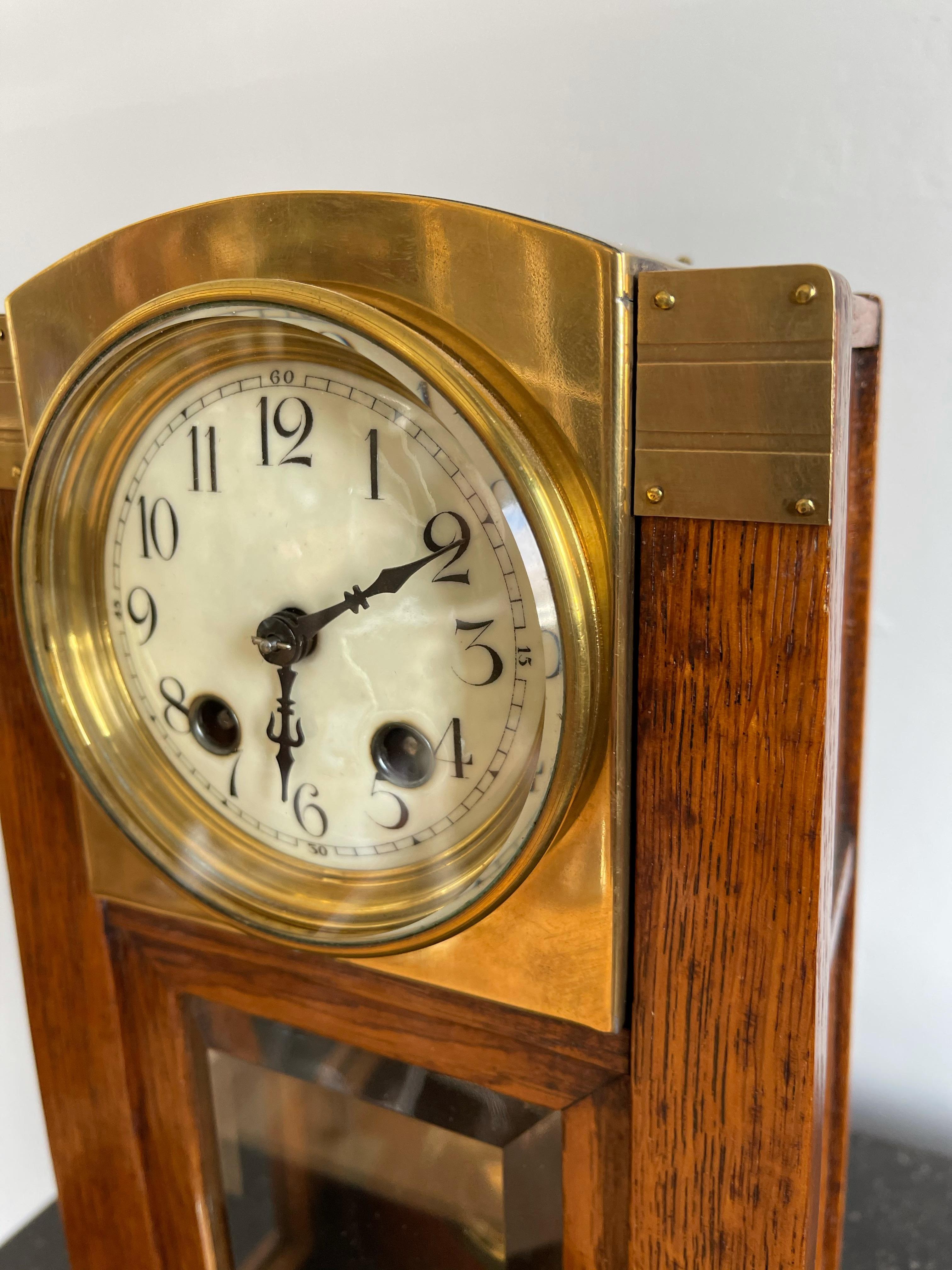 European Arts & Crafts Brass & Wood Gustave Serrurier-Bovy Style Pendulum / Table Clock