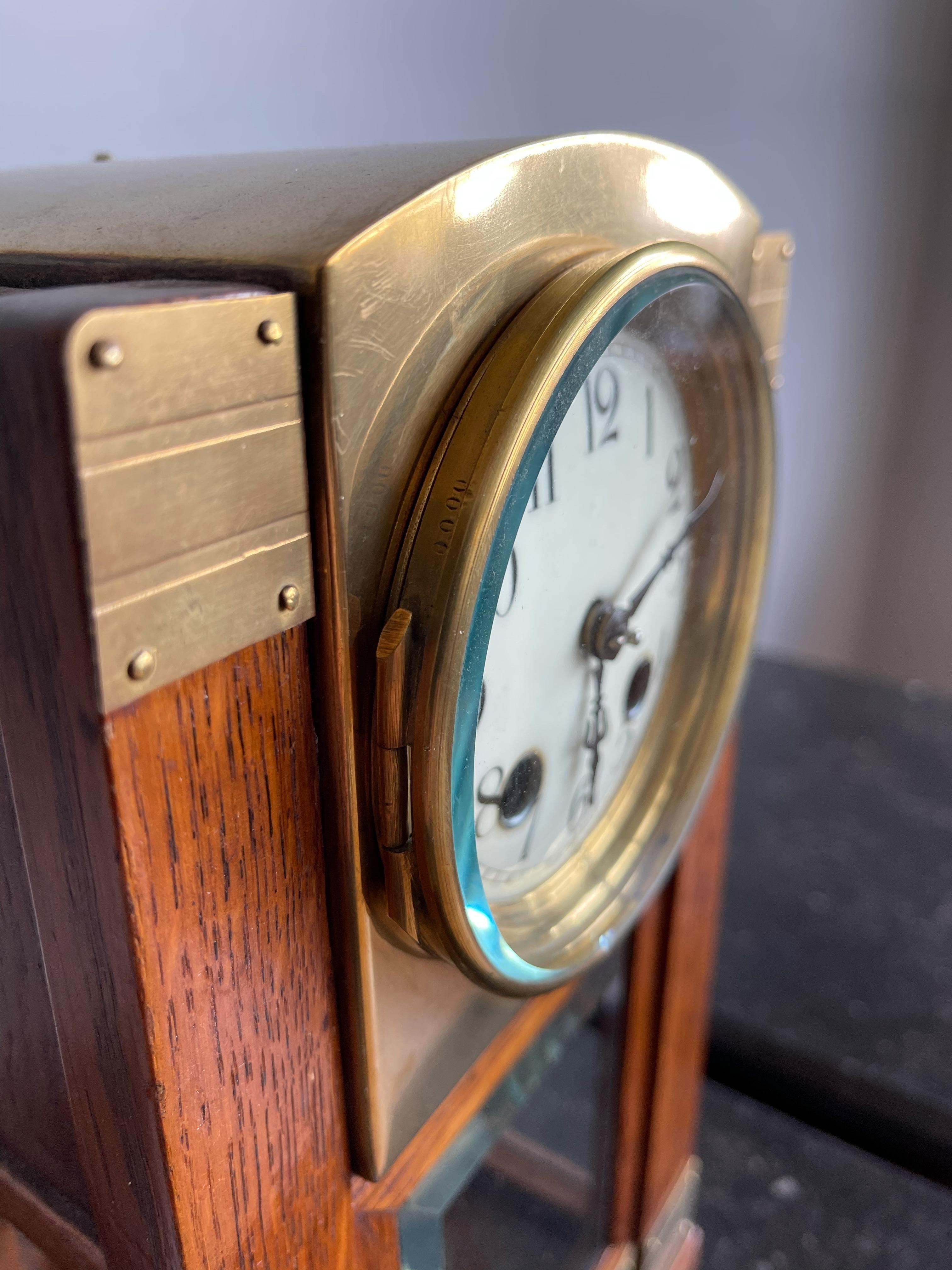Beveled Arts & Crafts Brass & Wood Gustave Serrurier-Bovy Style Pendulum / Table Clock
