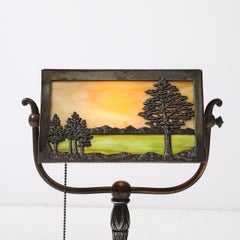 Arts and Crafts Bronze Bradley & Hubbard Scenic Slag Glass Paneled Table Lamp