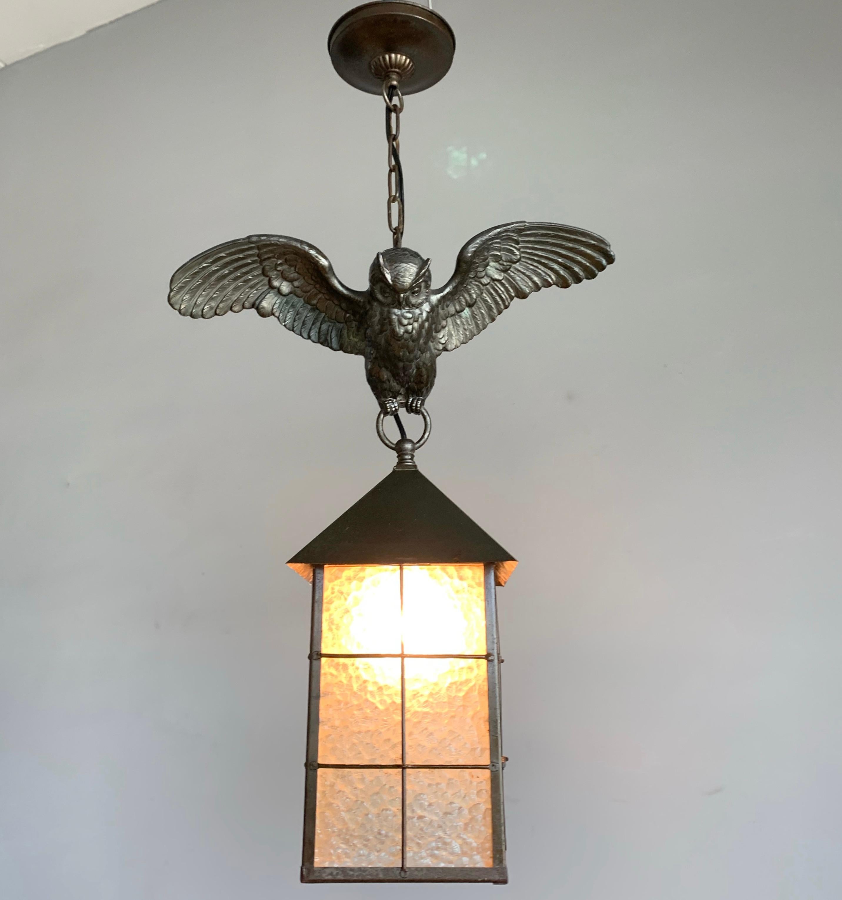 Arts and Crafts Bronze Owl Sculpture Pendant Light with Cathedral Glass Lantern 5
