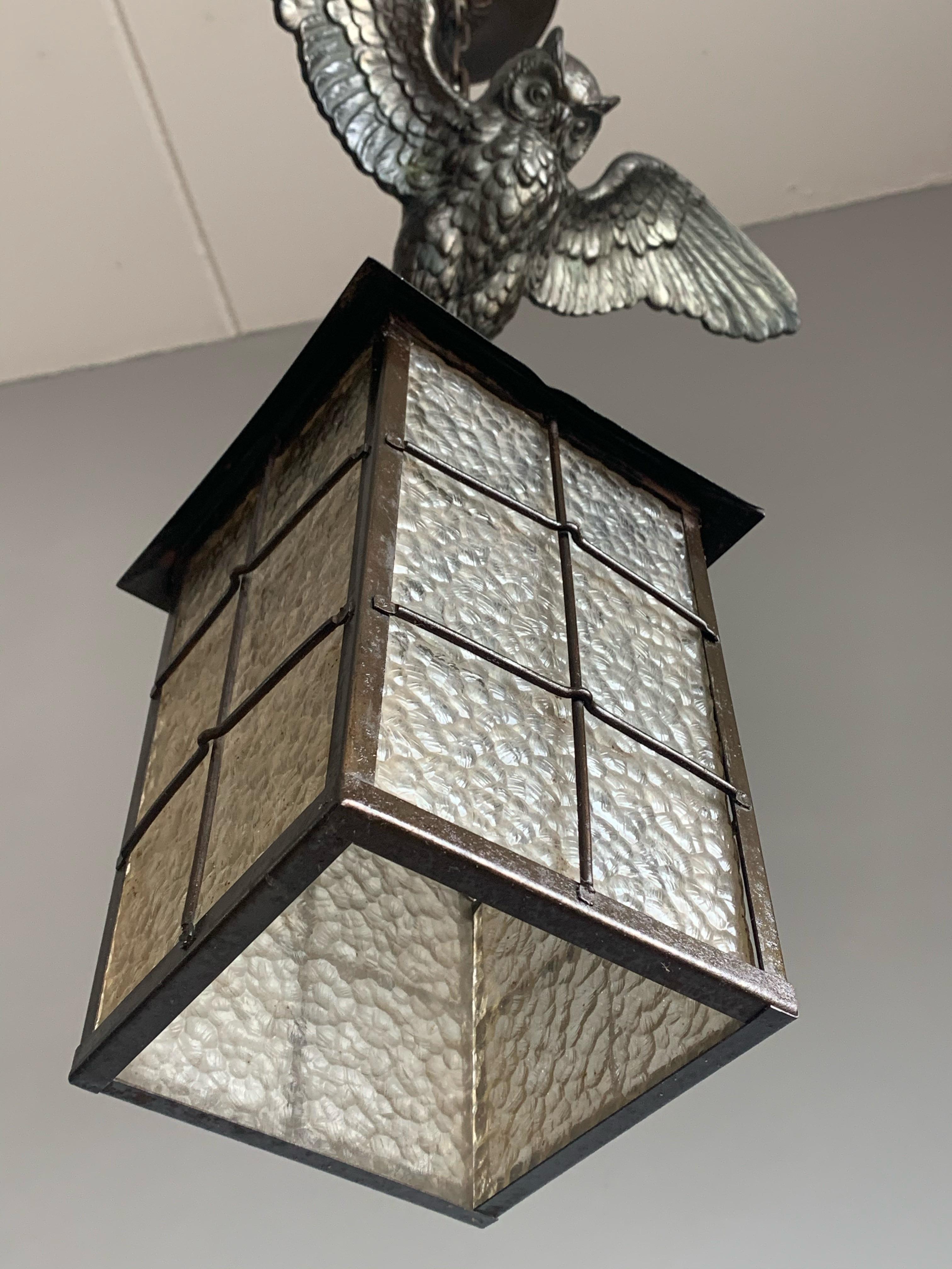 Arts and Crafts Bronze Owl Sculpture Pendant Light with Cathedral Glass Lantern 6