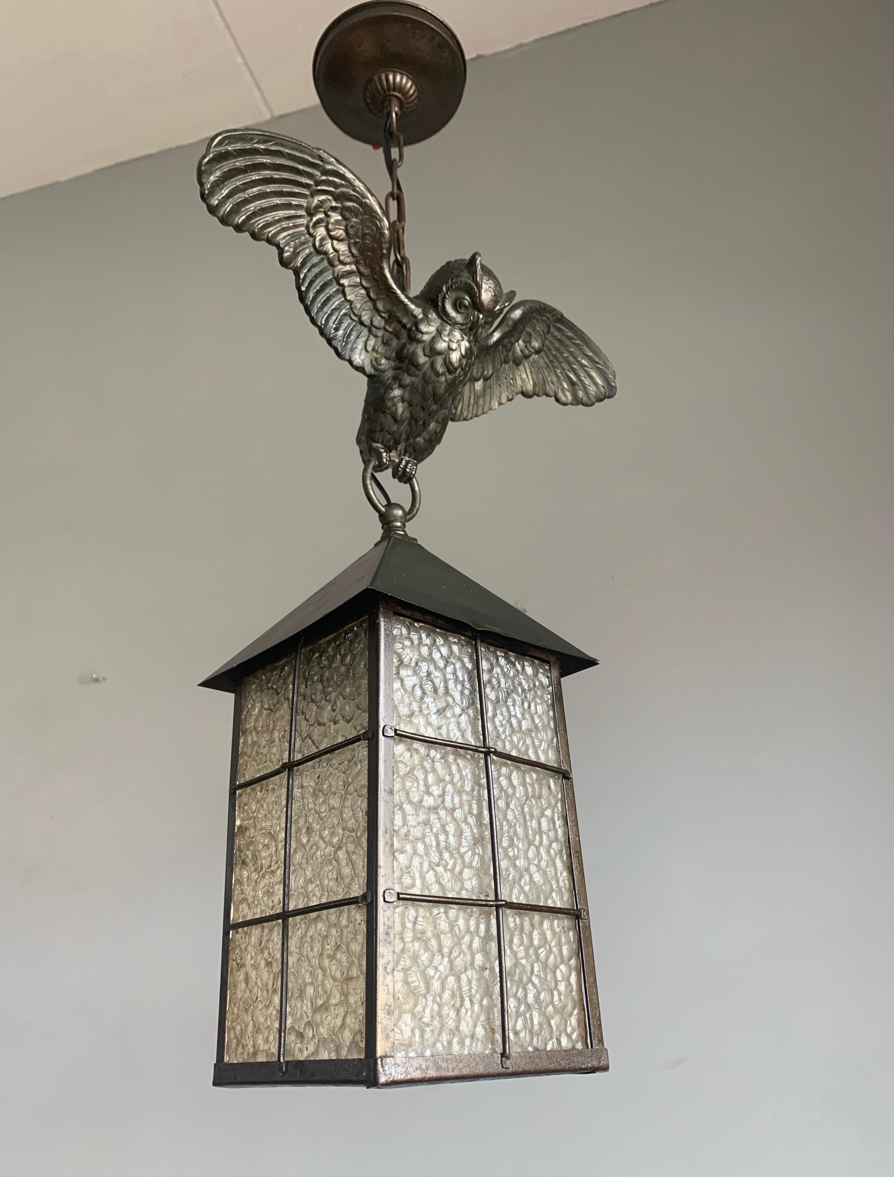 Arts and Crafts Bronze Owl Sculpture Pendant Light with Cathedral Glass Lantern 9