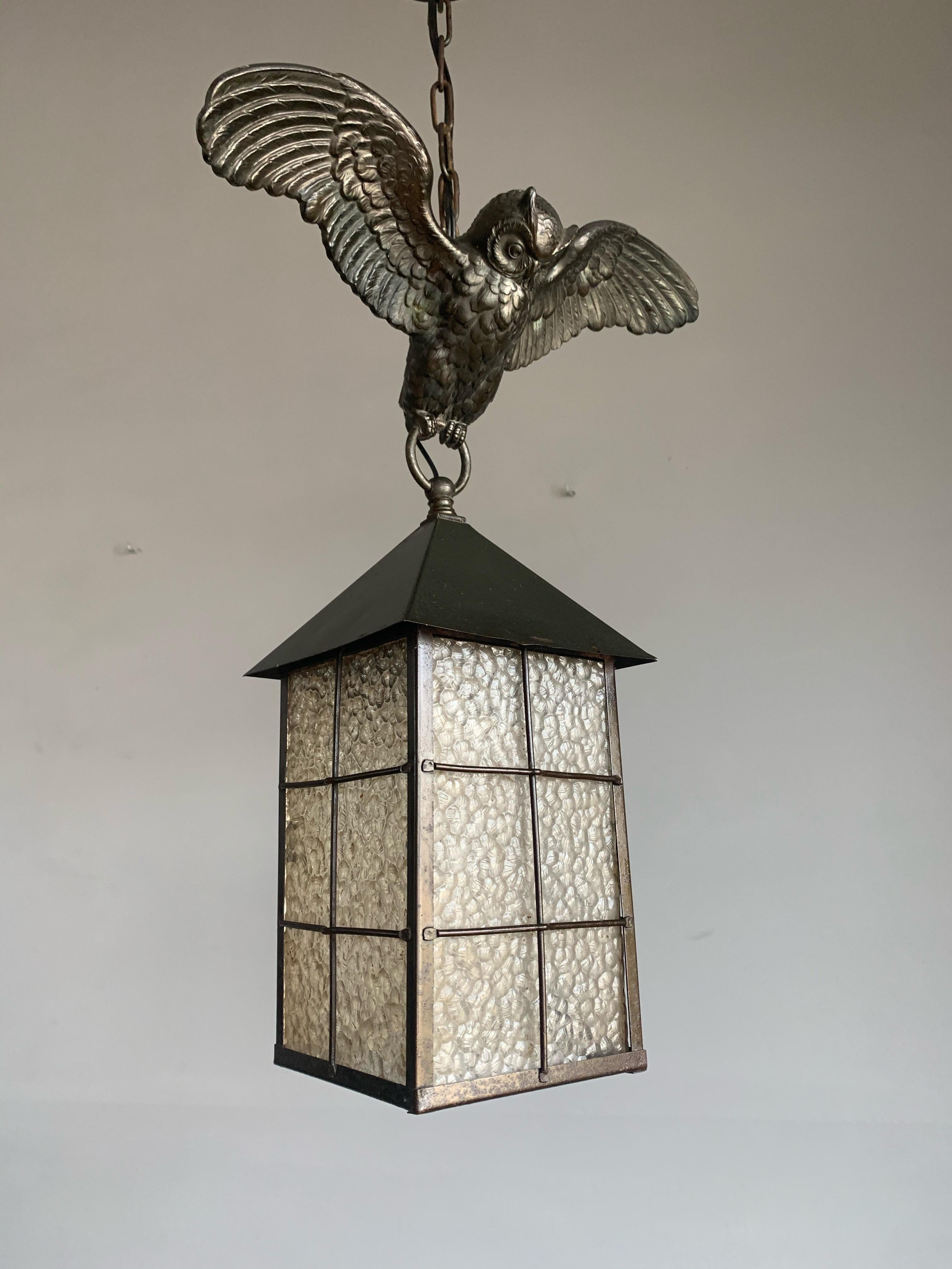 Arts and Crafts Bronze Owl Sculpture Pendant Light with Cathedral Glass Lantern 10