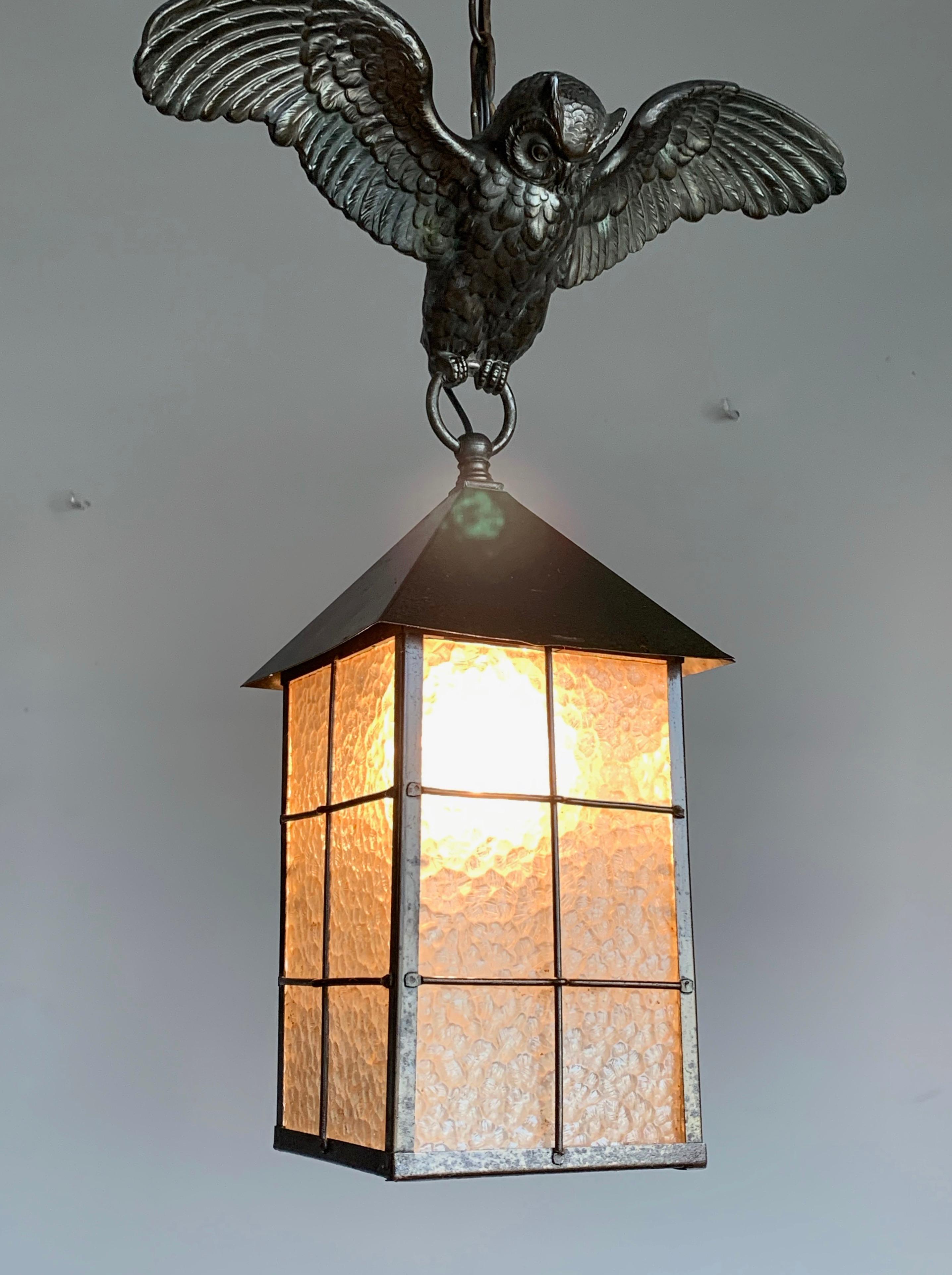 Arts and Crafts Bronze Owl Sculpture Pendant Light with Cathedral Glass Lantern 11