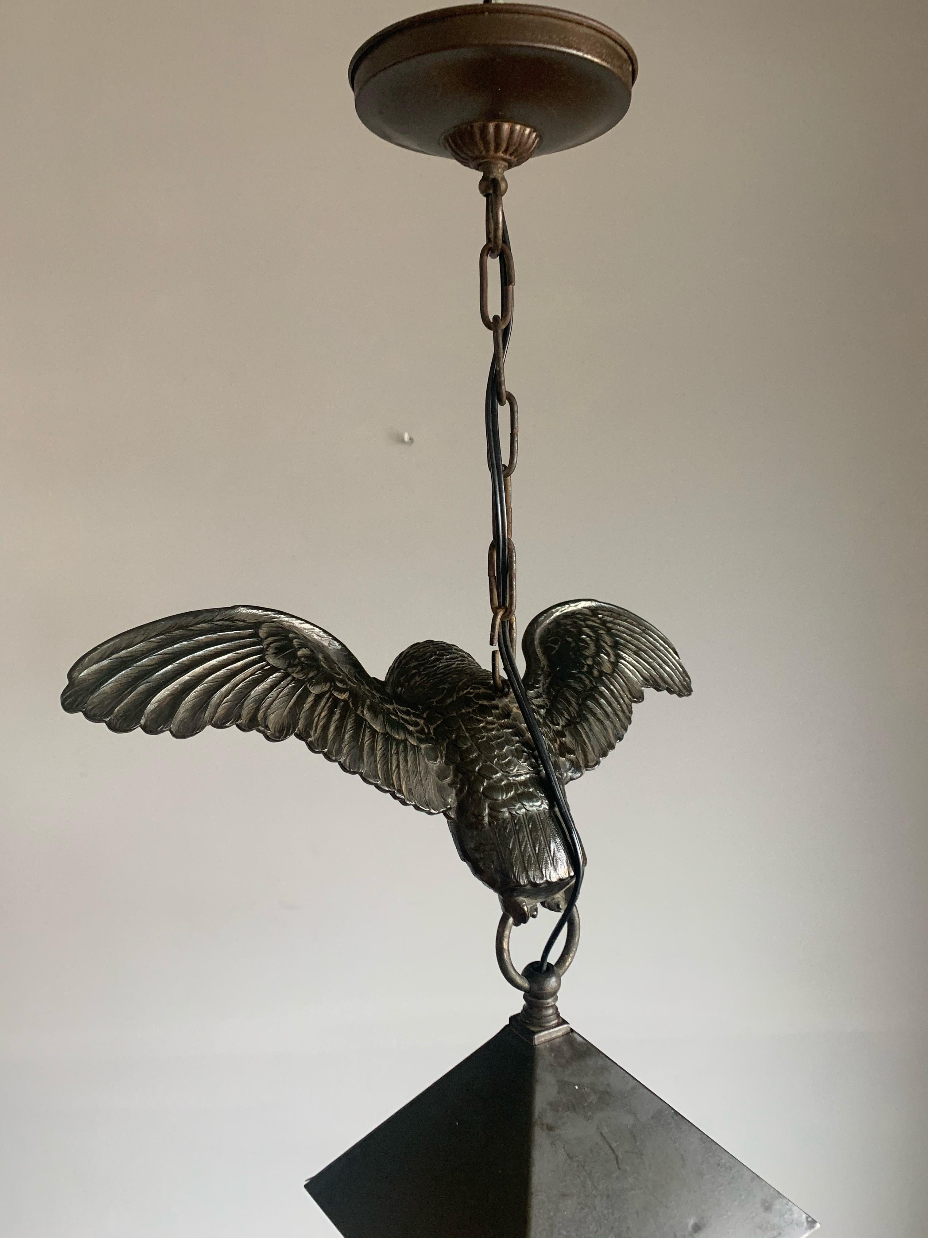 Arts and Crafts Bronze Owl Sculpture Pendant Light with Cathedral Glass Lantern 12